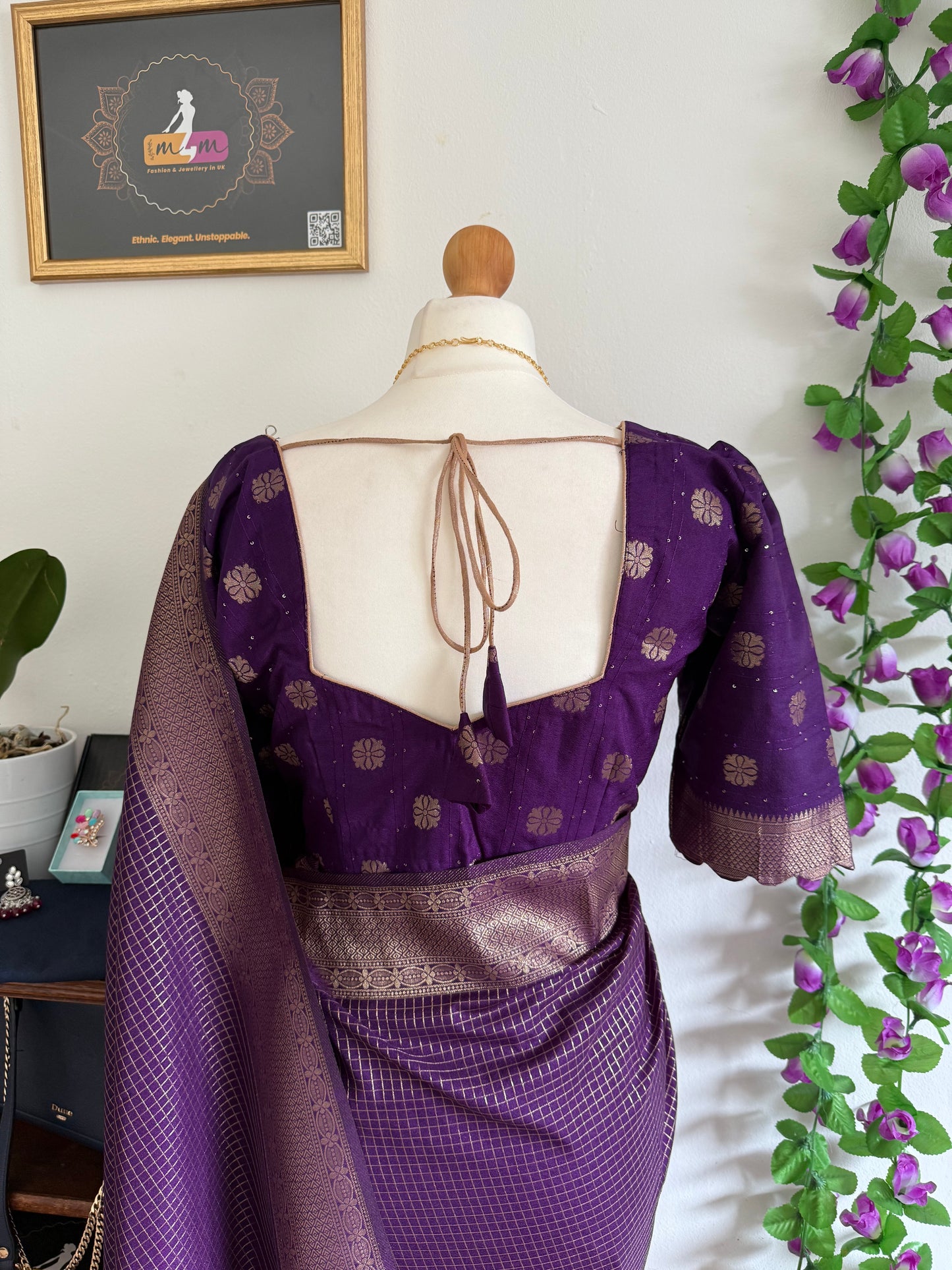 Silk Blend Moti Check Zari Border with stitched blouse - Dark Purple