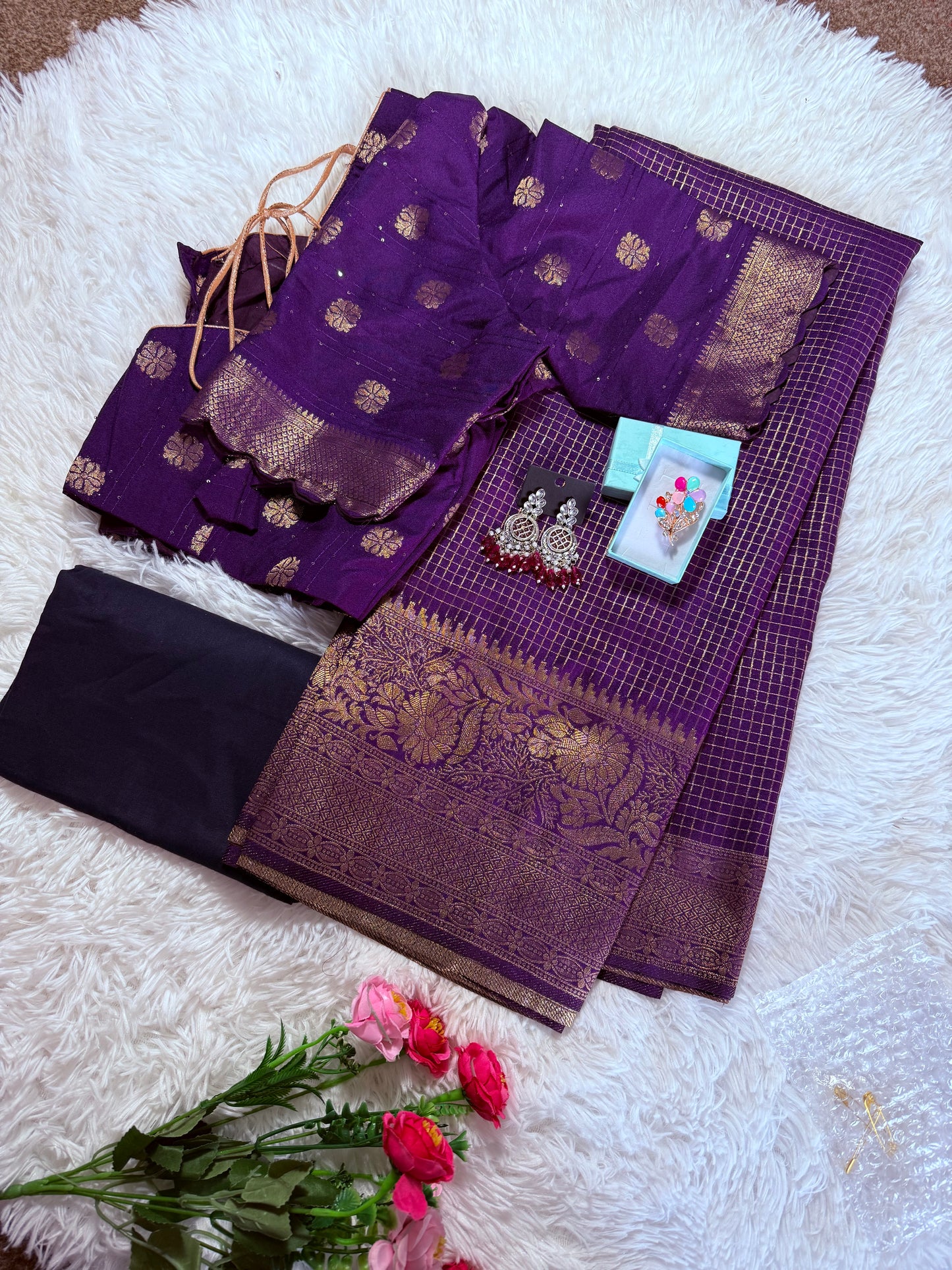 Silk Blend Moti Check Zari Border with stitched blouse - Dark Purple