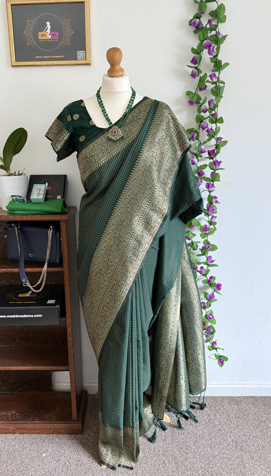 Silk Blend Saree Moti Check Zari Border with Stitched blouse-Dark Green