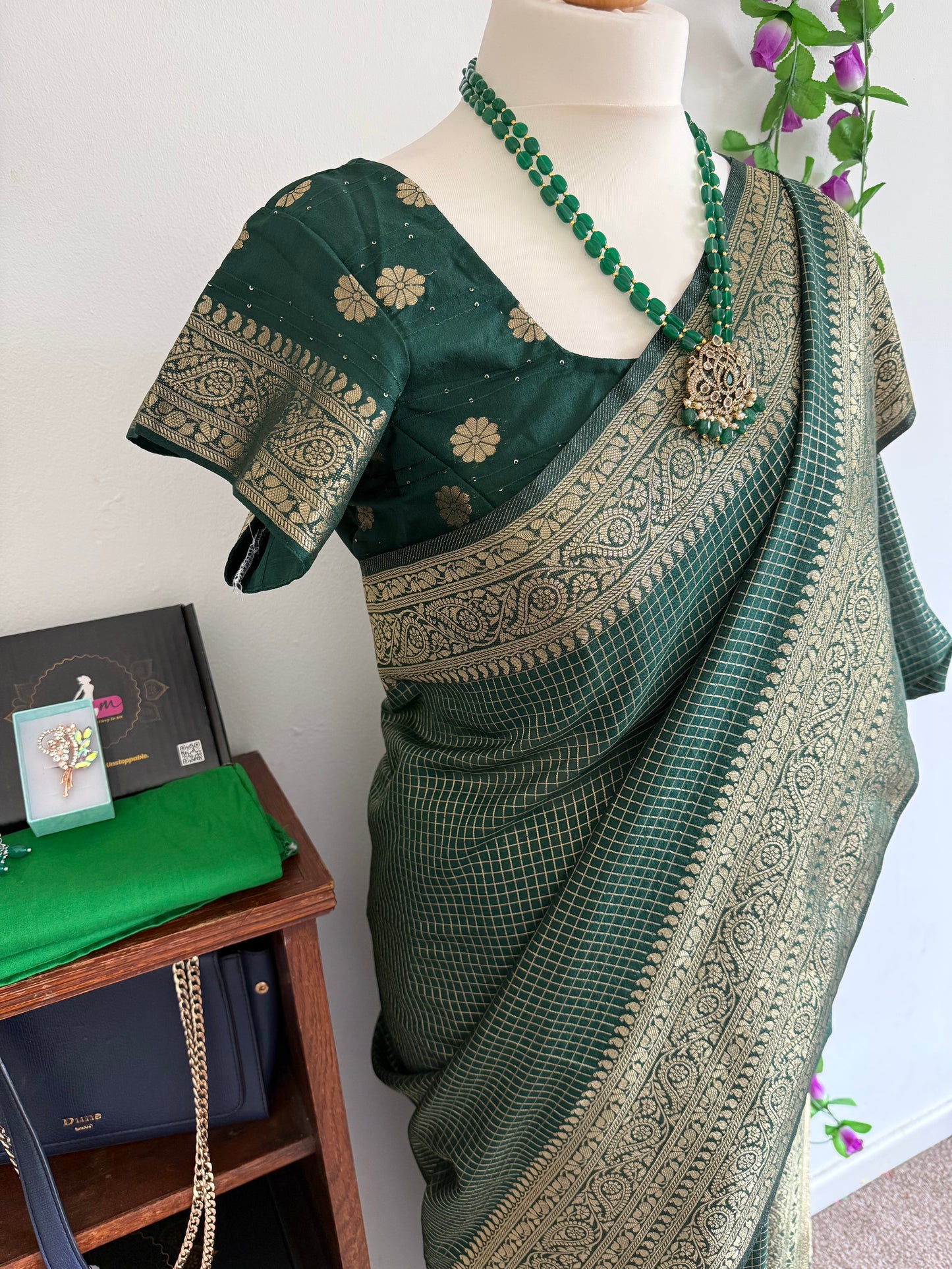 Silk Blend Saree Moti Check Zari Border with Stitched blouse-Dark Green