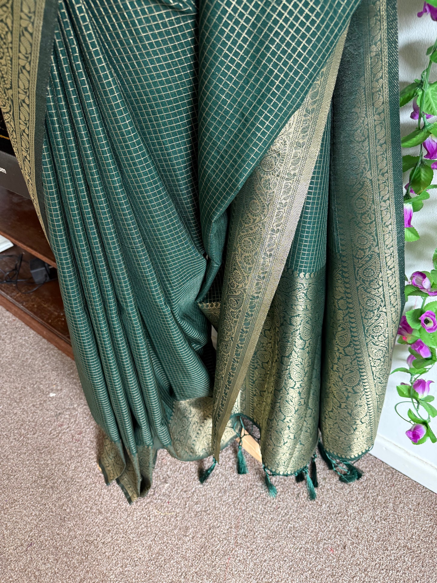 Silk Blend Saree Moti Check Zari Border with Stitched blouse-Dark Green