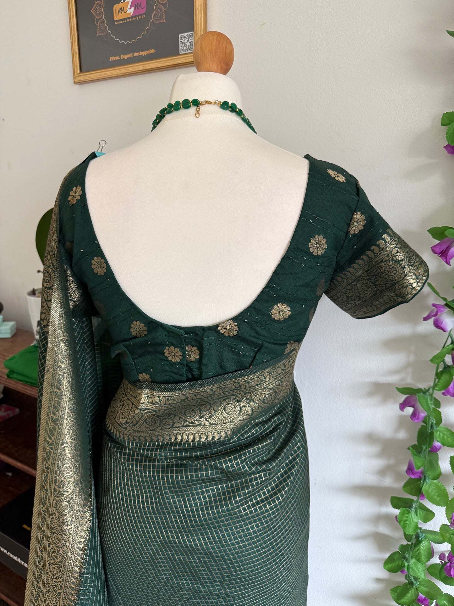Silk Blend Saree Moti Check Zari Border with Stitched blouse-Dark Green