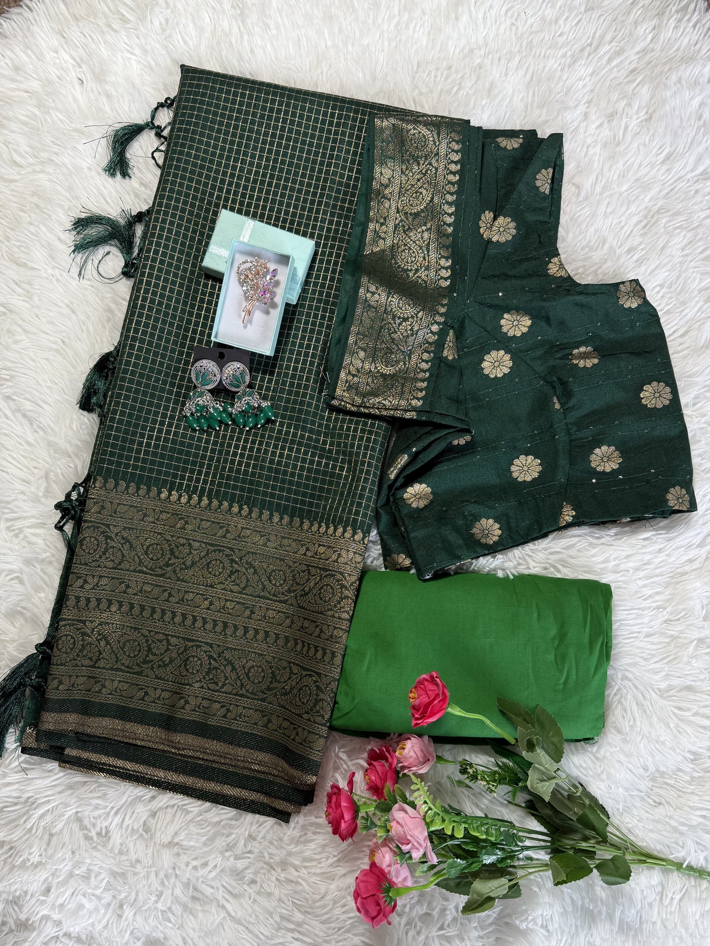 Silk Blend Saree Moti Check Zari Border with Stitched blouse-Dark Green