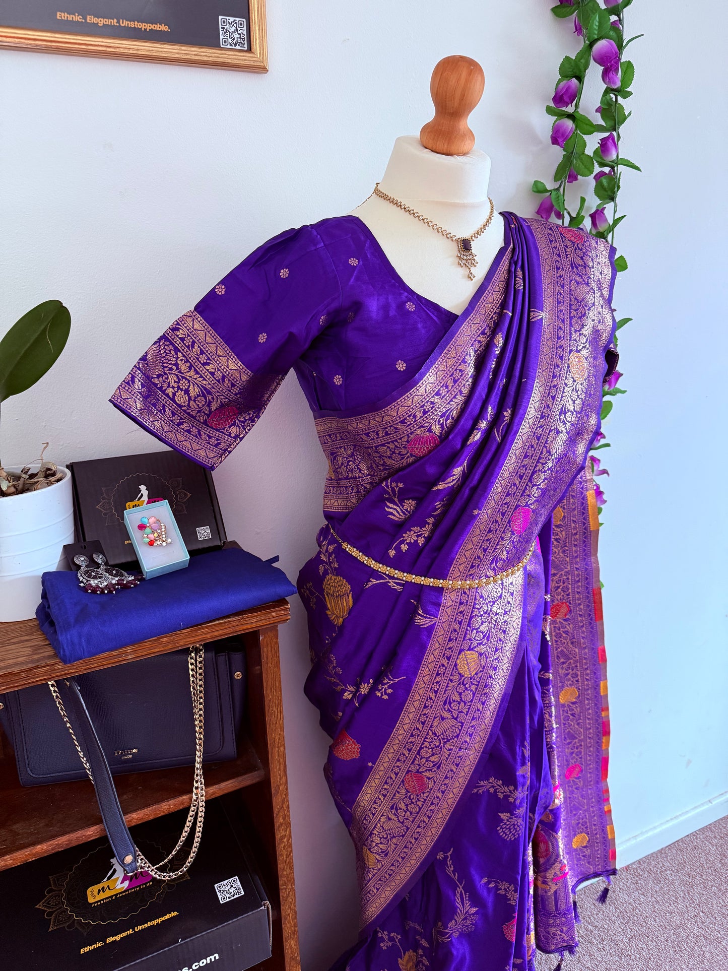 Floral Banarasi Silk Woven Saree with Stitched Blouse- Puple