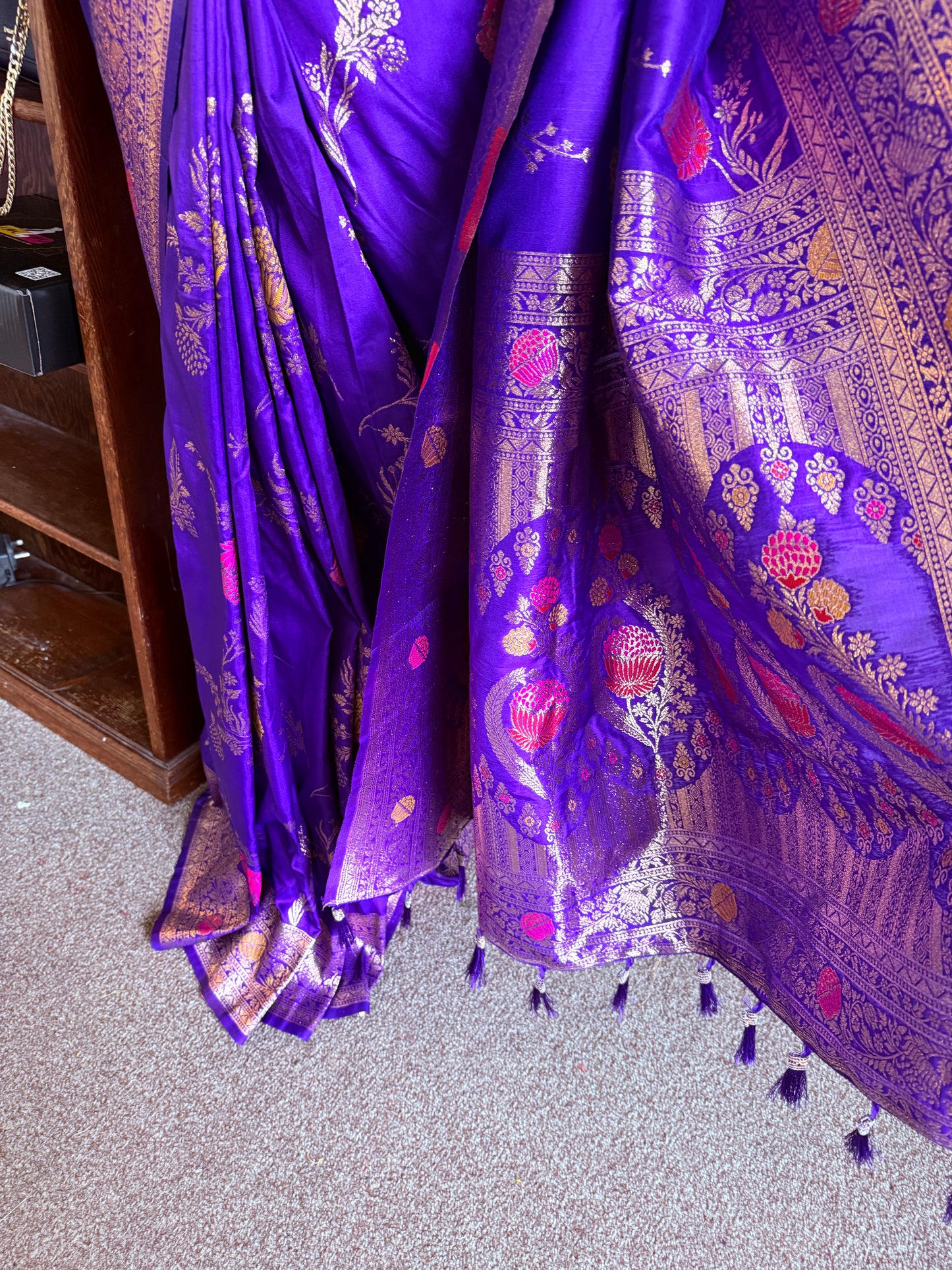 Floral Banarasi Silk Woven Saree with Stitched Blouse- Puple