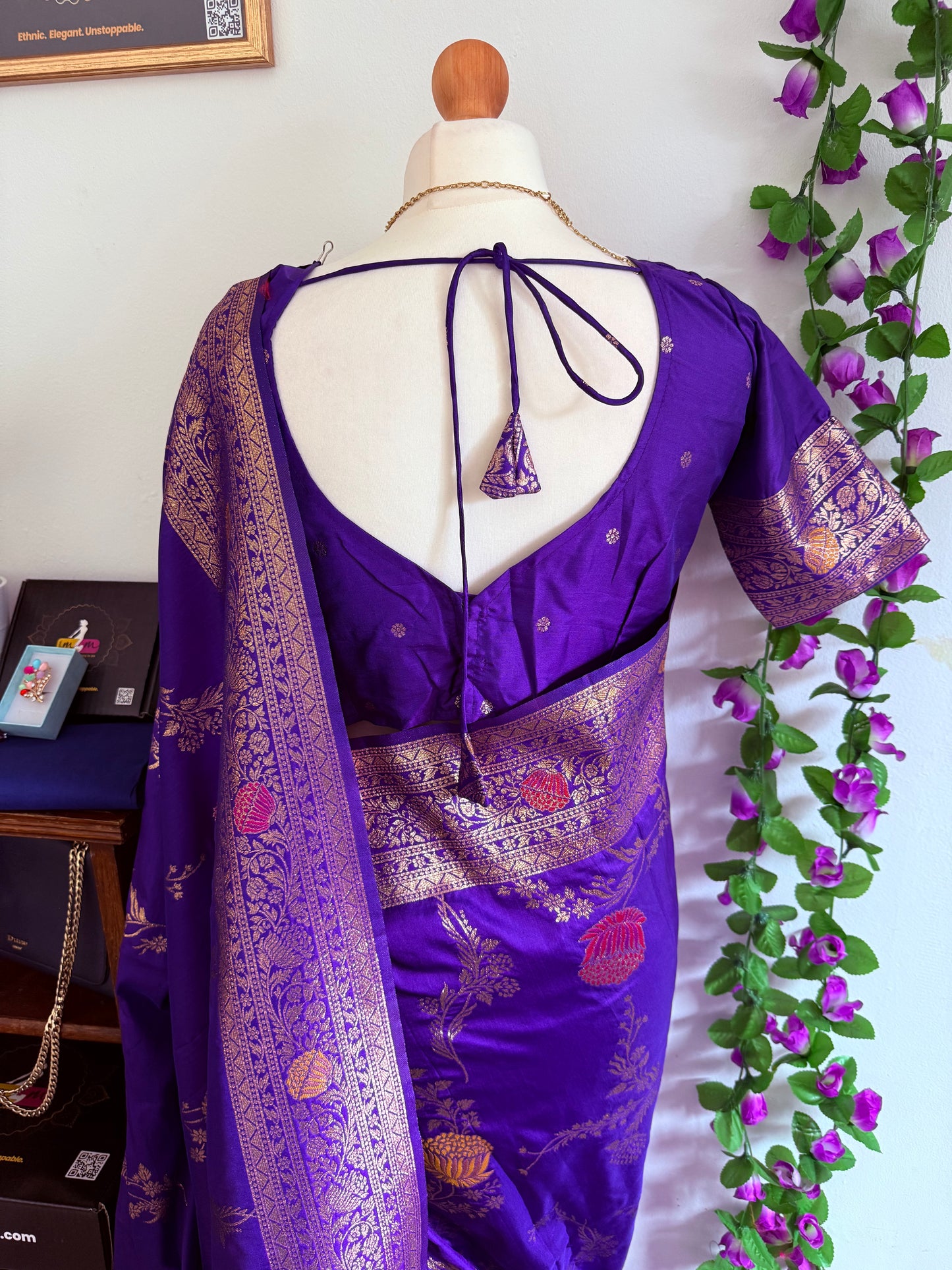 Floral Banarasi Silk Woven Saree with Stitched Blouse- Puple