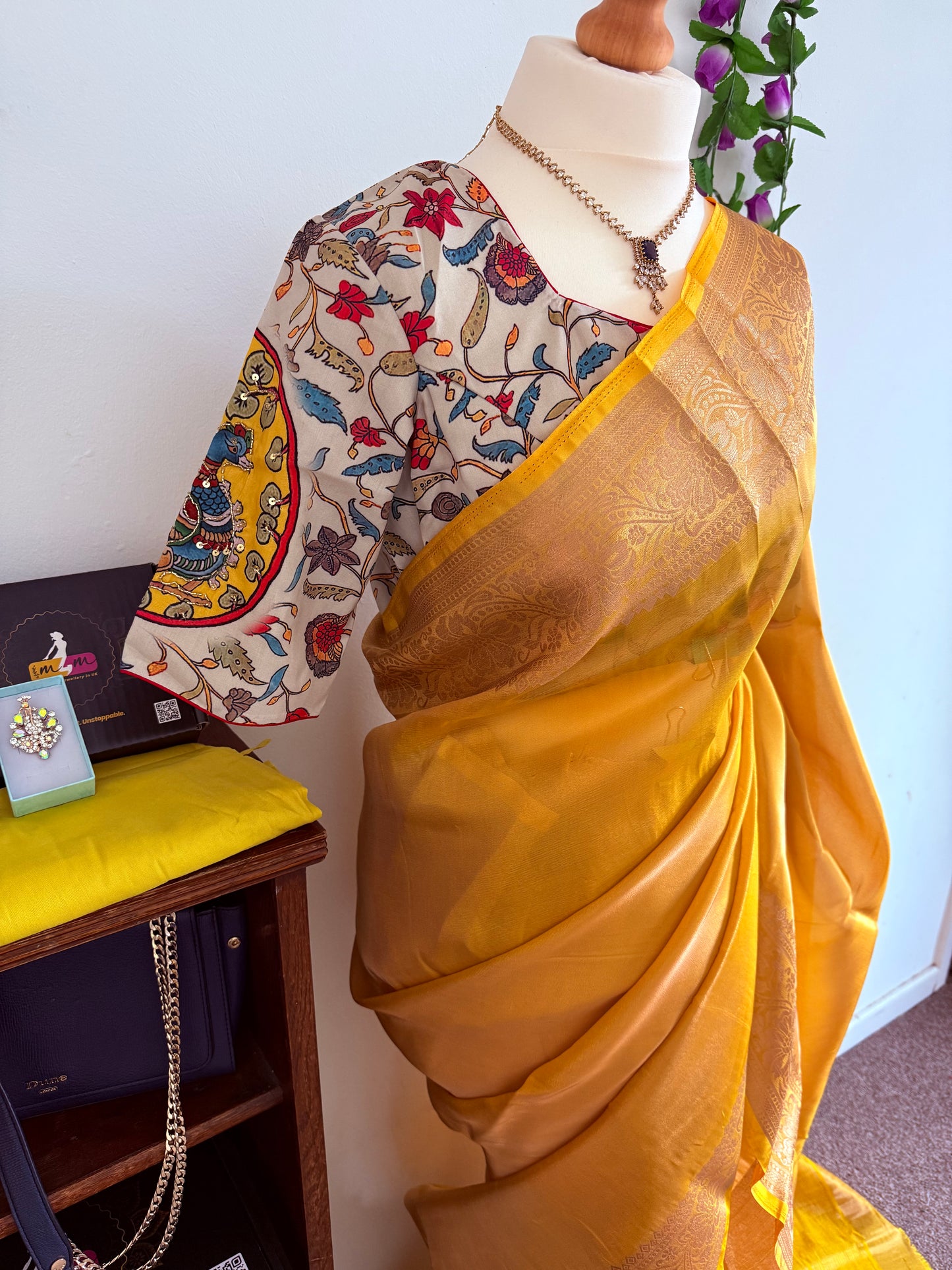 Gold Tissue Silk Saree with zari weaving with stitched blouse - Yellow