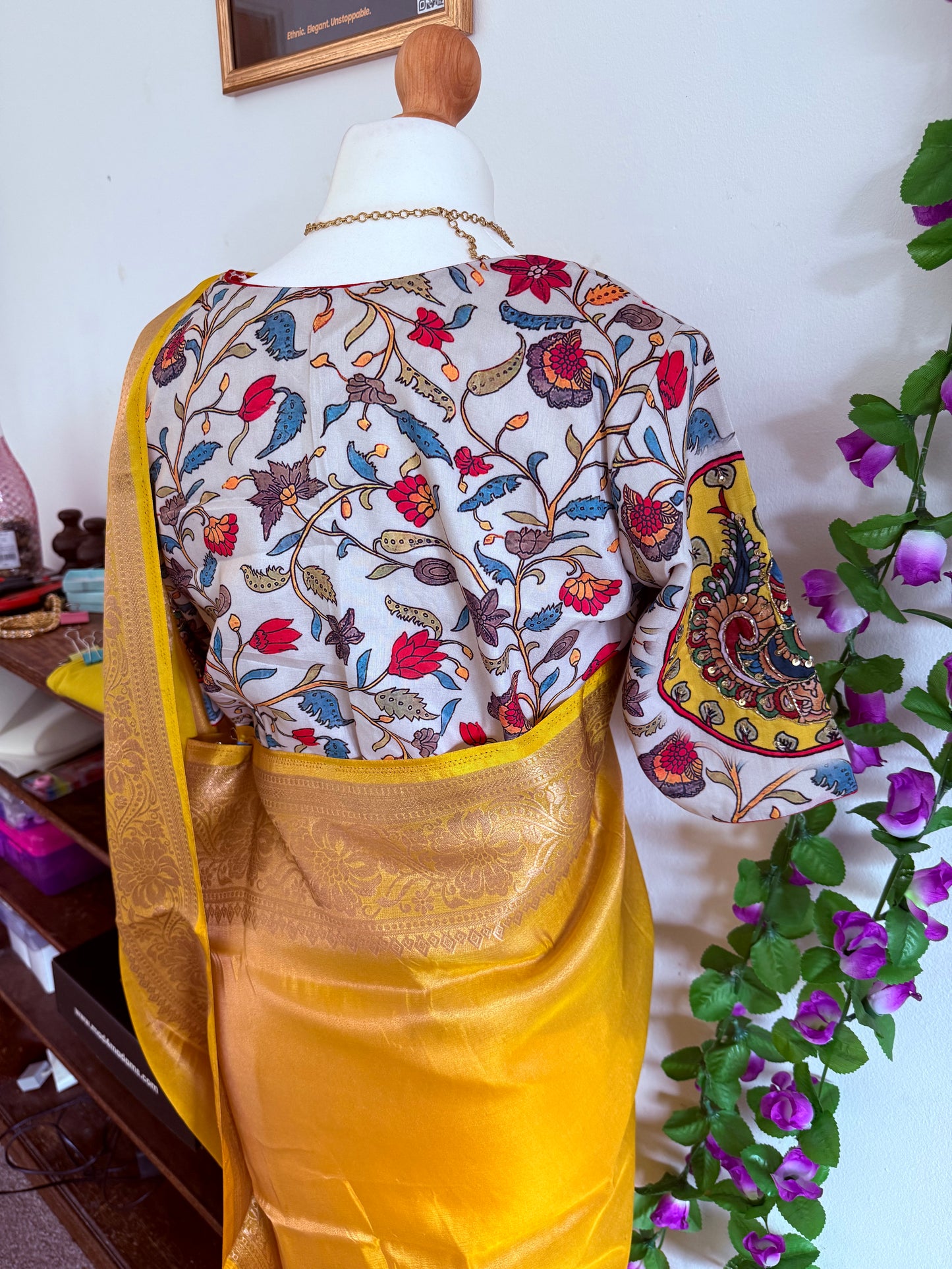 Gold Tissue Silk Saree with zari weaving with stitched blouse - Yellow