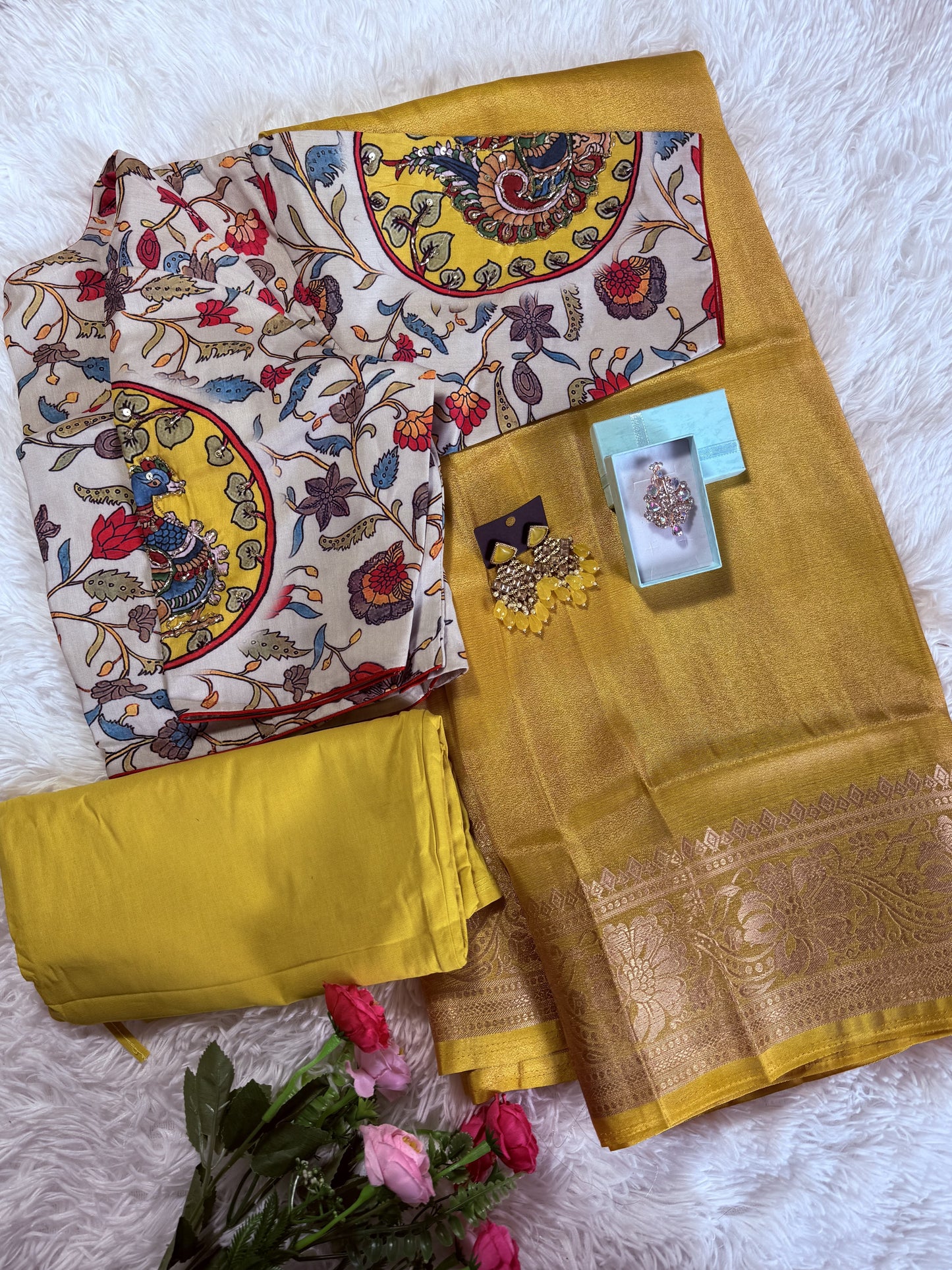 Gold Tissue Silk Saree with zari weaving with stitched blouse - Yellow