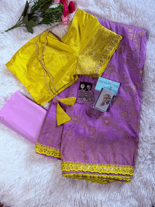 Banarasi Dola Silk Saree with Contrast Scallop Border with Stitched Blouse-Lavender & Yellow
