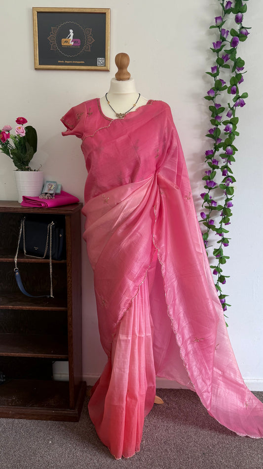Stunning lightweight Soft Organza Saree Combo with Cutwork border with gold beads-Pink