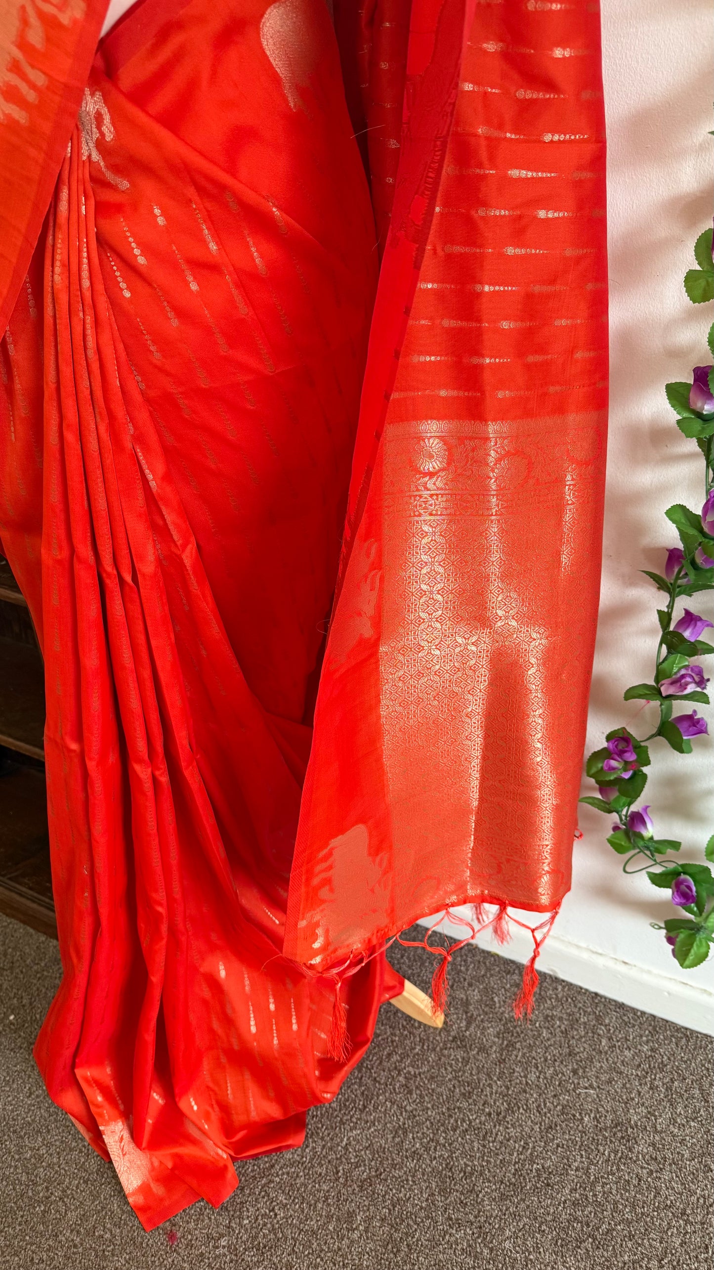 Dupion Silk Sarees with Animal Weaving with Self Stitched Blouse-Orange