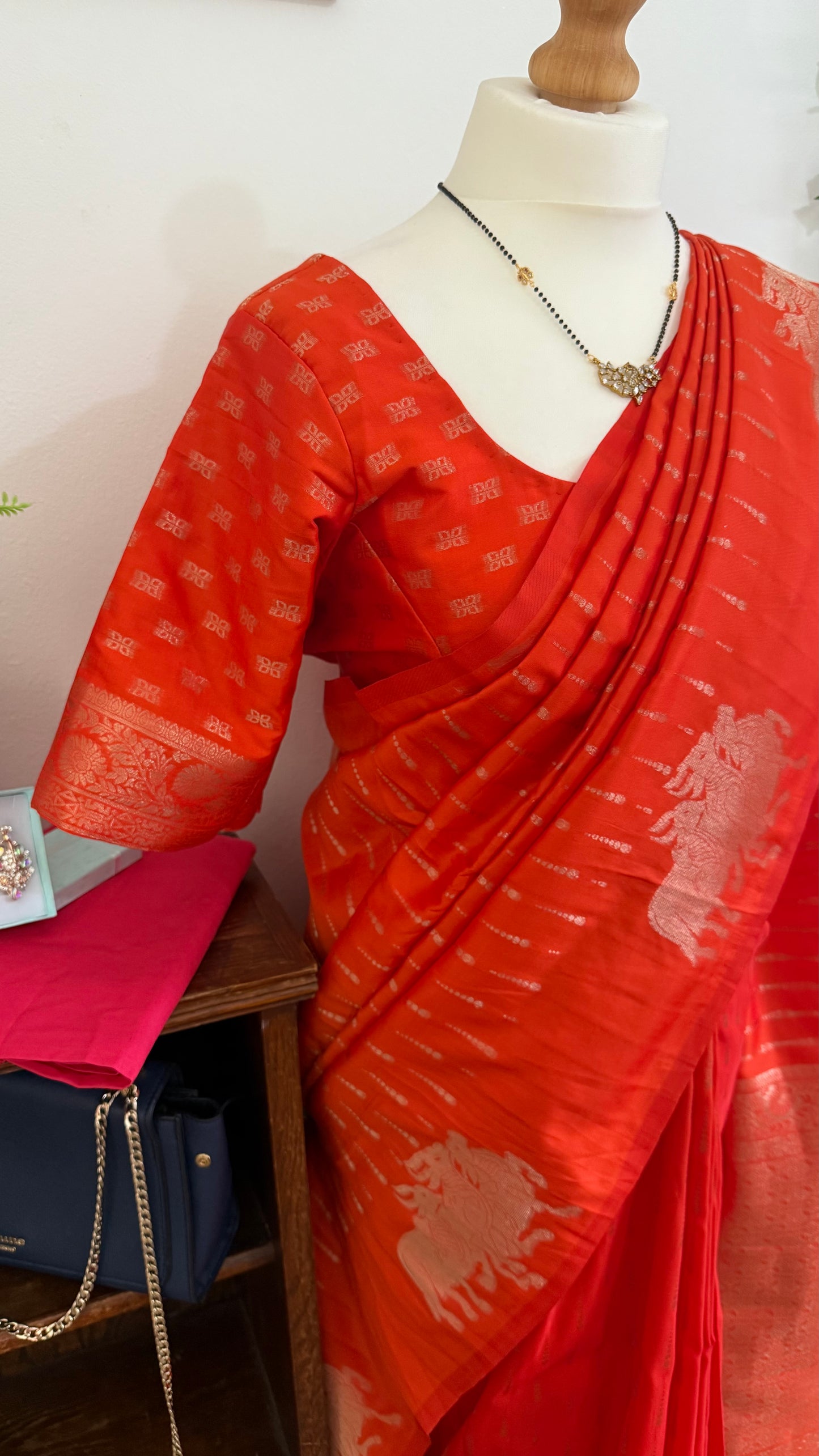 Dupion Silk Sarees with Animal Weaving with Self Stitched Blouse-Orange