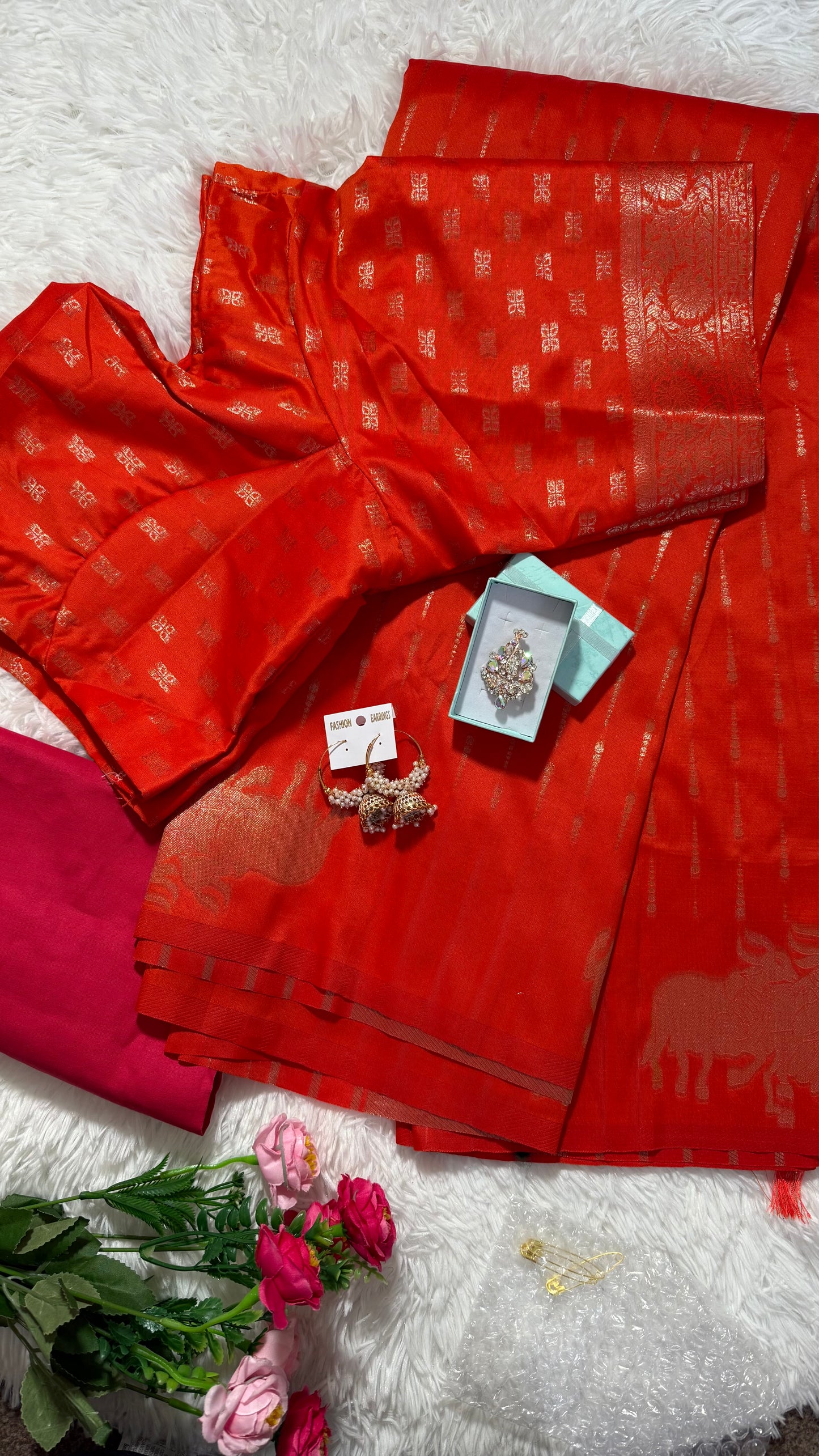 Dupion Silk Sarees with Animal Weaving with Self Stitched Blouse-Orange