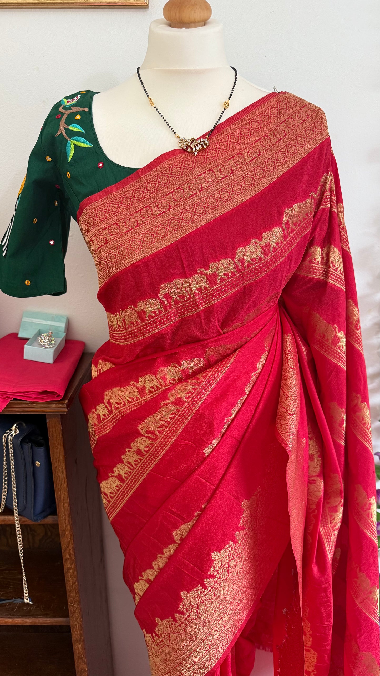 Rich look Moonga Silk Saree with gold zari weaving, Contract Blouse-Red and Green