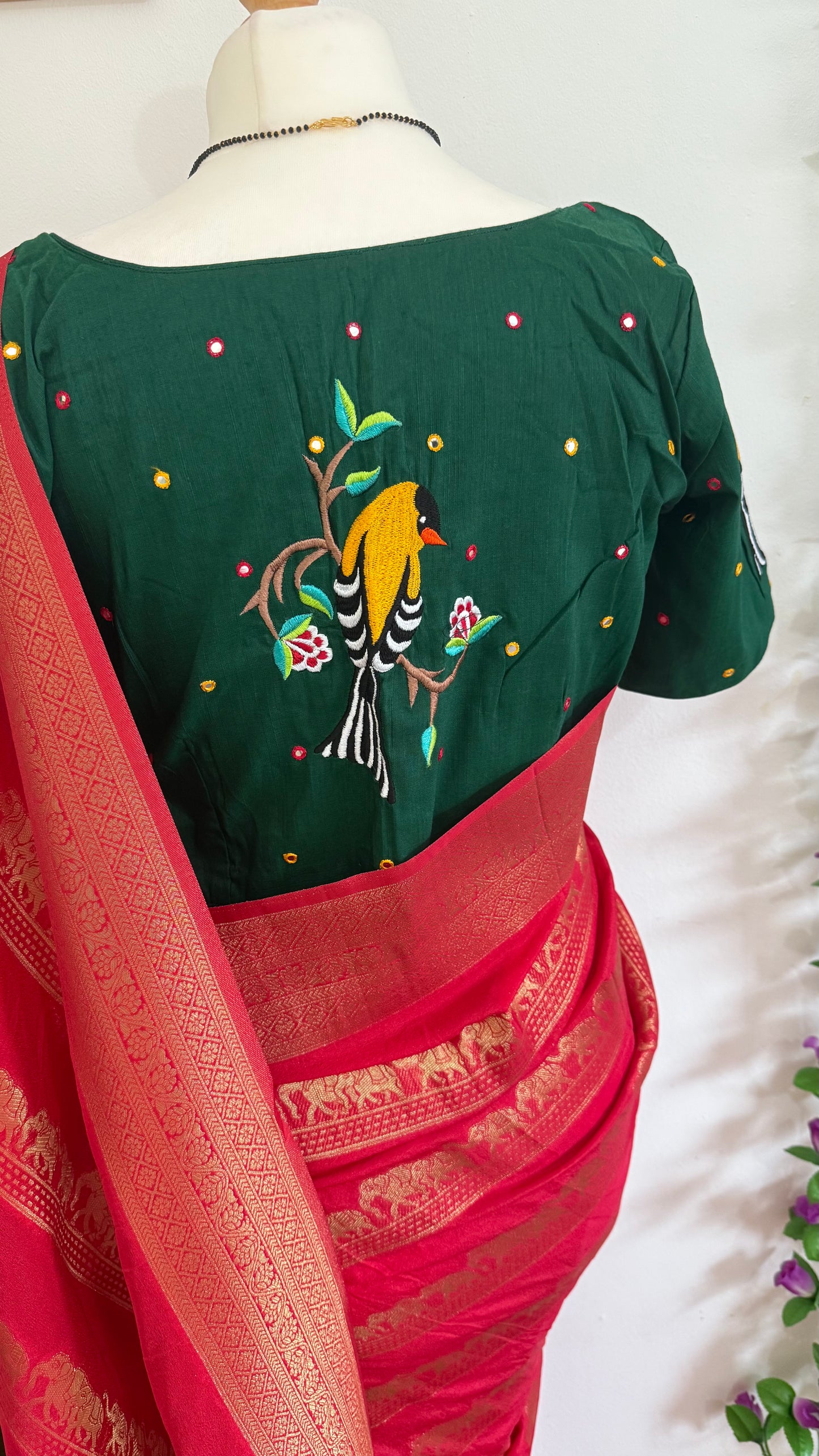 Rich look Moonga Silk Saree with gold zari weaving, Contract Blouse-Red and Green