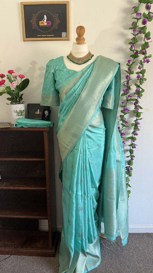 Mashru Banarasi Silk Saree with Zari Border-Stitched Blouse & matchings