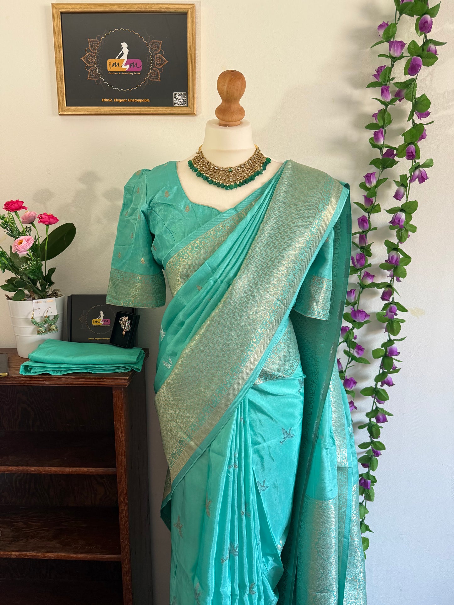 Mashru Banarasi Silk Saree with Zari Border-Stitched Blouse & matchings