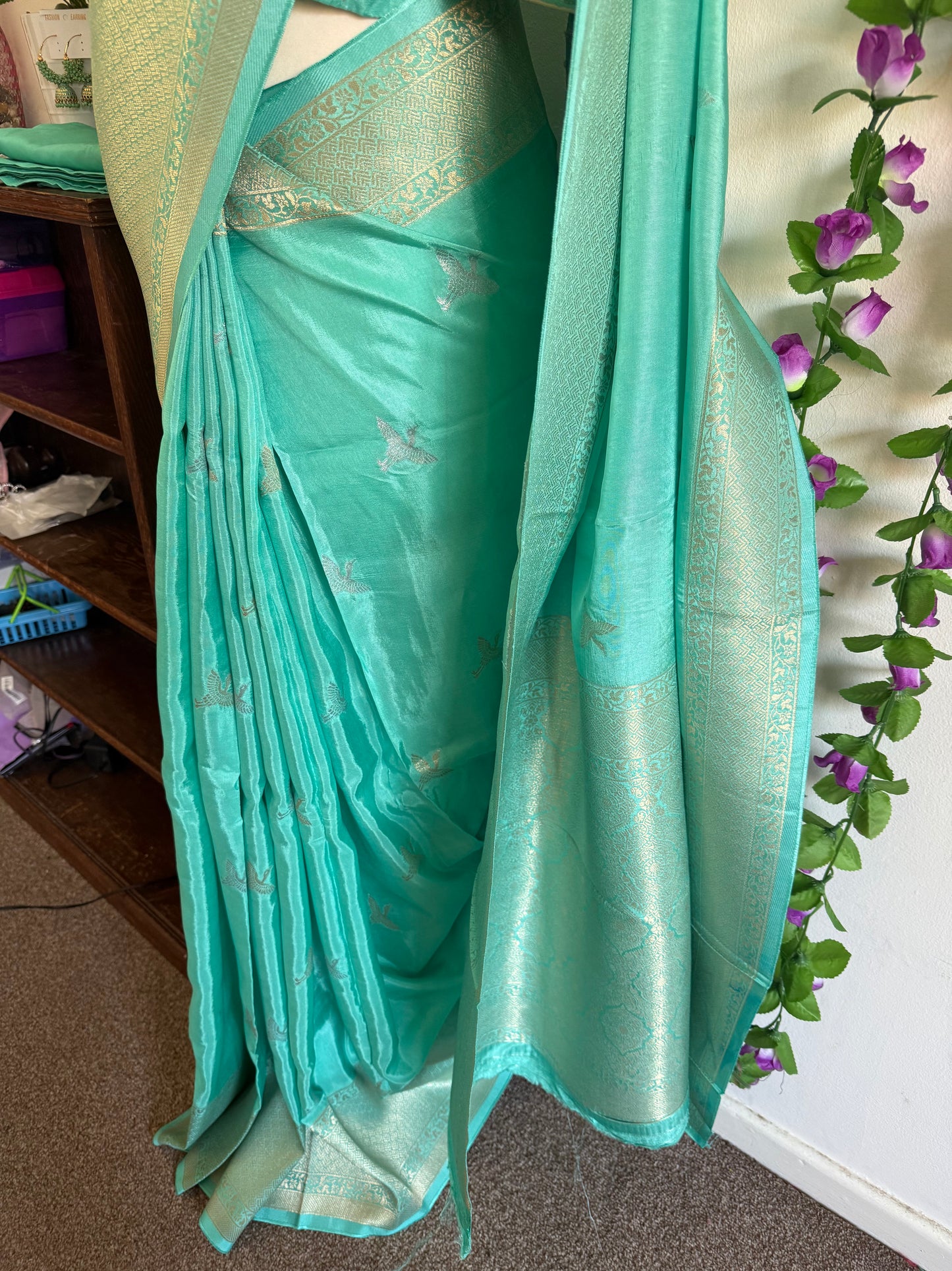 Mashru Banarasi Silk Saree with Zari Border-Stitched Blouse & matchings