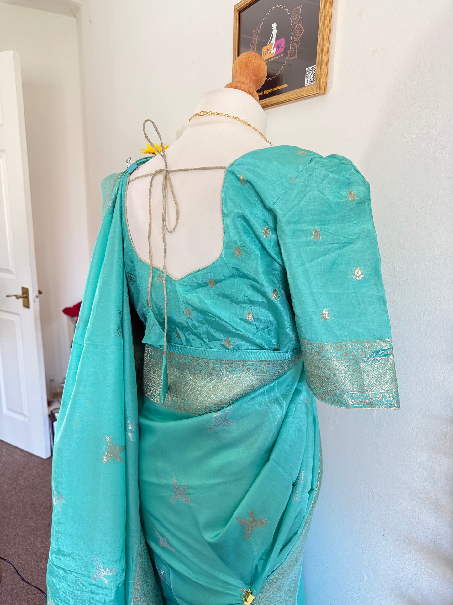 Mashru Banarasi Silk Saree with Zari Border-Stitched Blouse & matchings