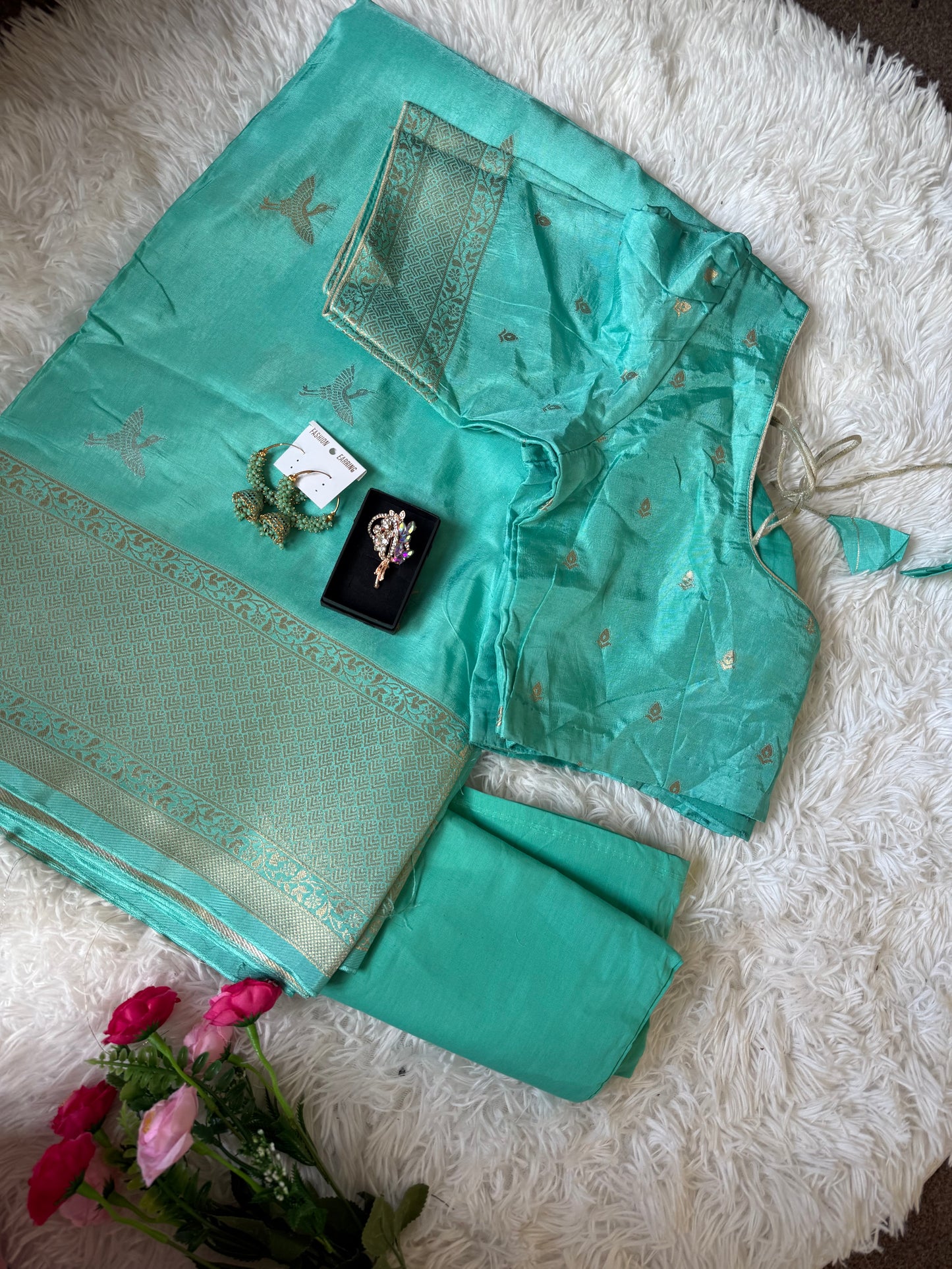 Mashru Banarasi Silk Saree with Zari Border-Stitched Blouse & matchings