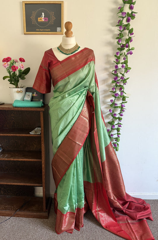 Kanchi Dharmavaram Silk Saree Combo-Stitched Blouse & matchings- Green & Red