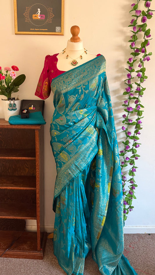 Moonga Banarasi Saree with Peacock Weaving -Contrast Stitched Blouse-Blue &Pink