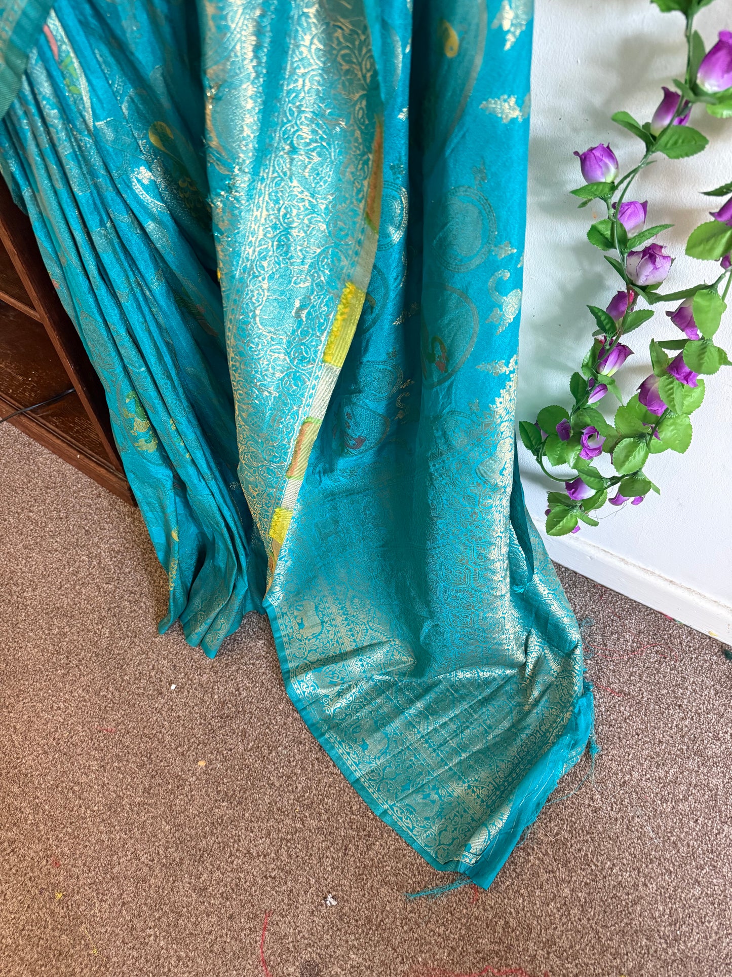 Moonga Banarasi Saree with Peacock Weaving -Contrast Stitched Blouse-Blue &Pink