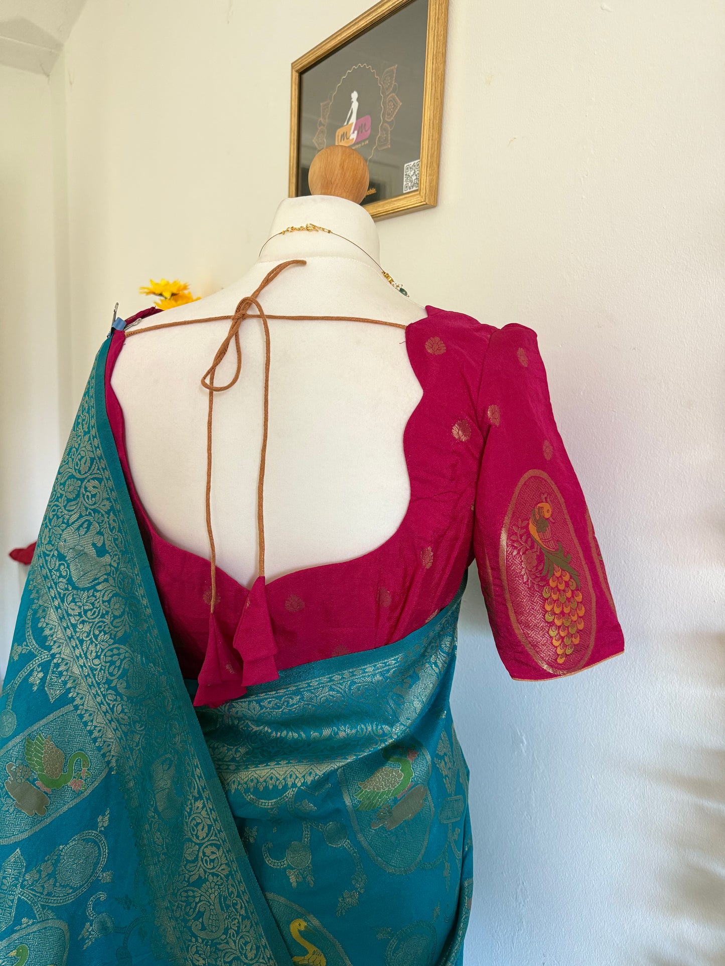 Moonga Banarasi Saree with Peacock Weaving -Contrast Stitched Blouse-Blue &Pink