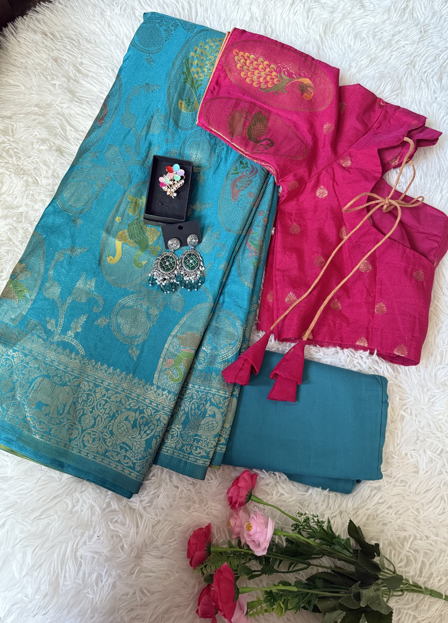 Moonga Banarasi Saree with Peacock Weaving -Contrast Stitched Blouse-Blue &Pink