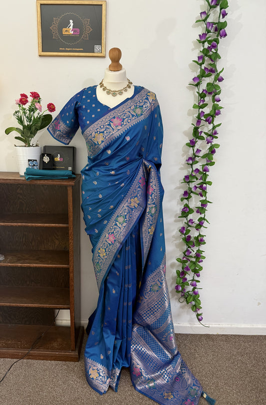 Floral Banarasi Silk Woven Saree with Stitched Blouse & Matchings - Blue