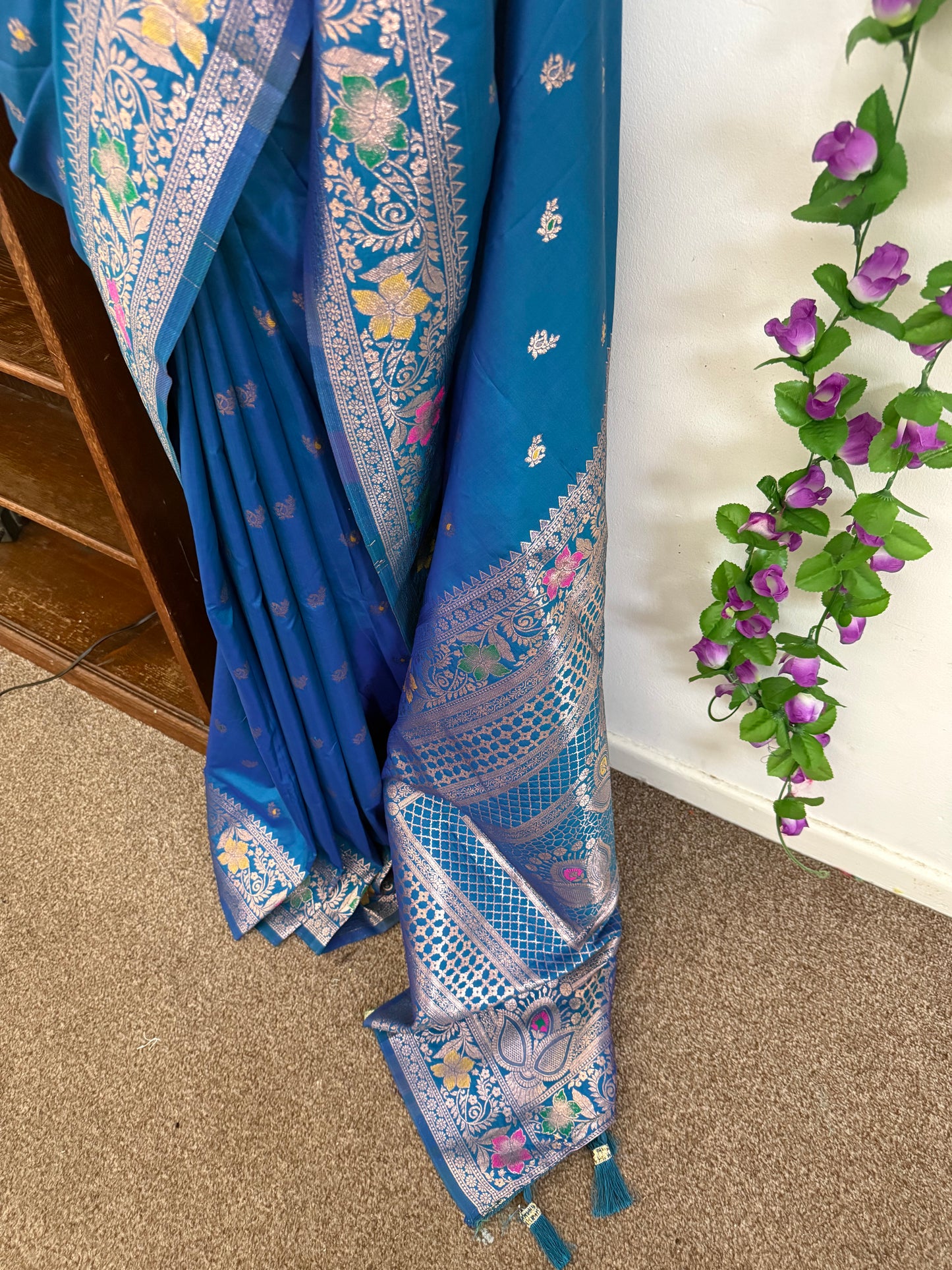Floral Banarasi Silk Woven Saree with Stitched Blouse & Matchings - Blue