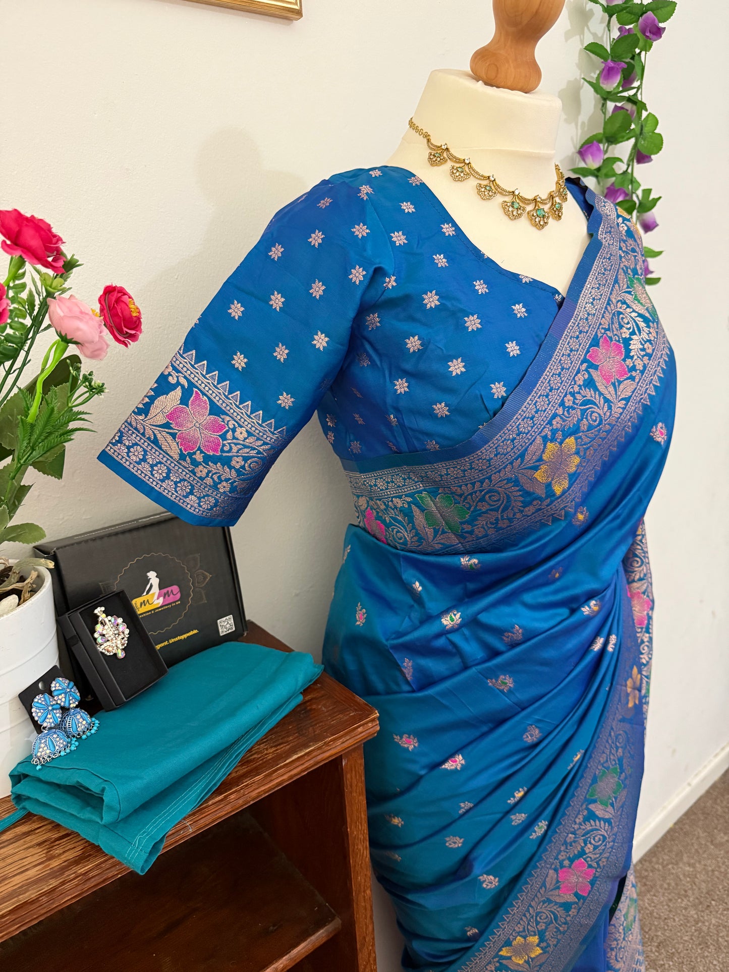 Floral Banarasi Silk Woven Saree with Stitched Blouse & Matchings - Blue