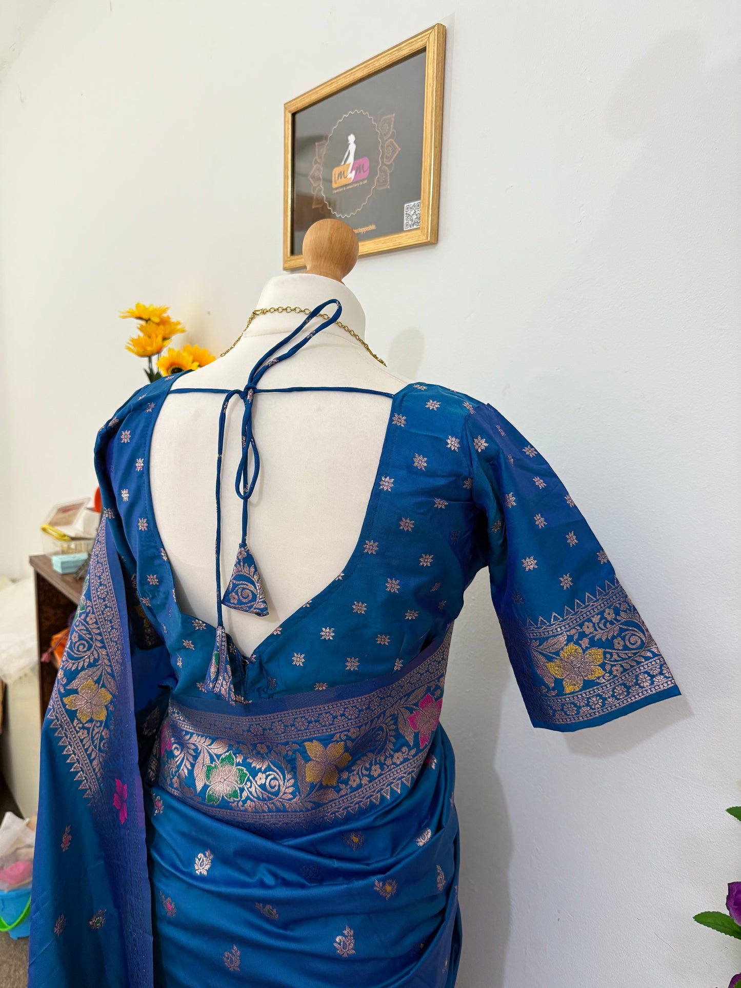 Floral Banarasi Silk Woven Saree with Stitched Blouse & Matchings - Blue