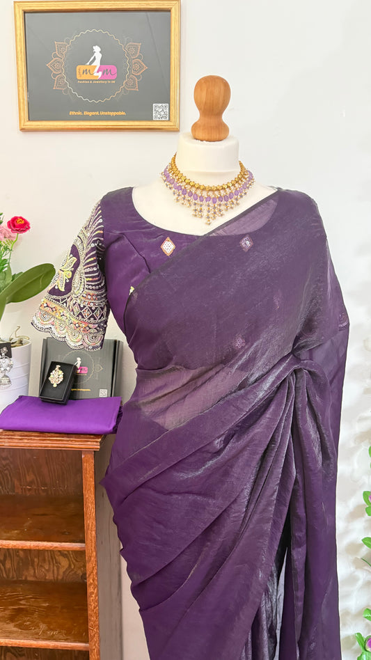 Plain Space Silk Saree with Hand Work Designer stitched Blouse-Wine