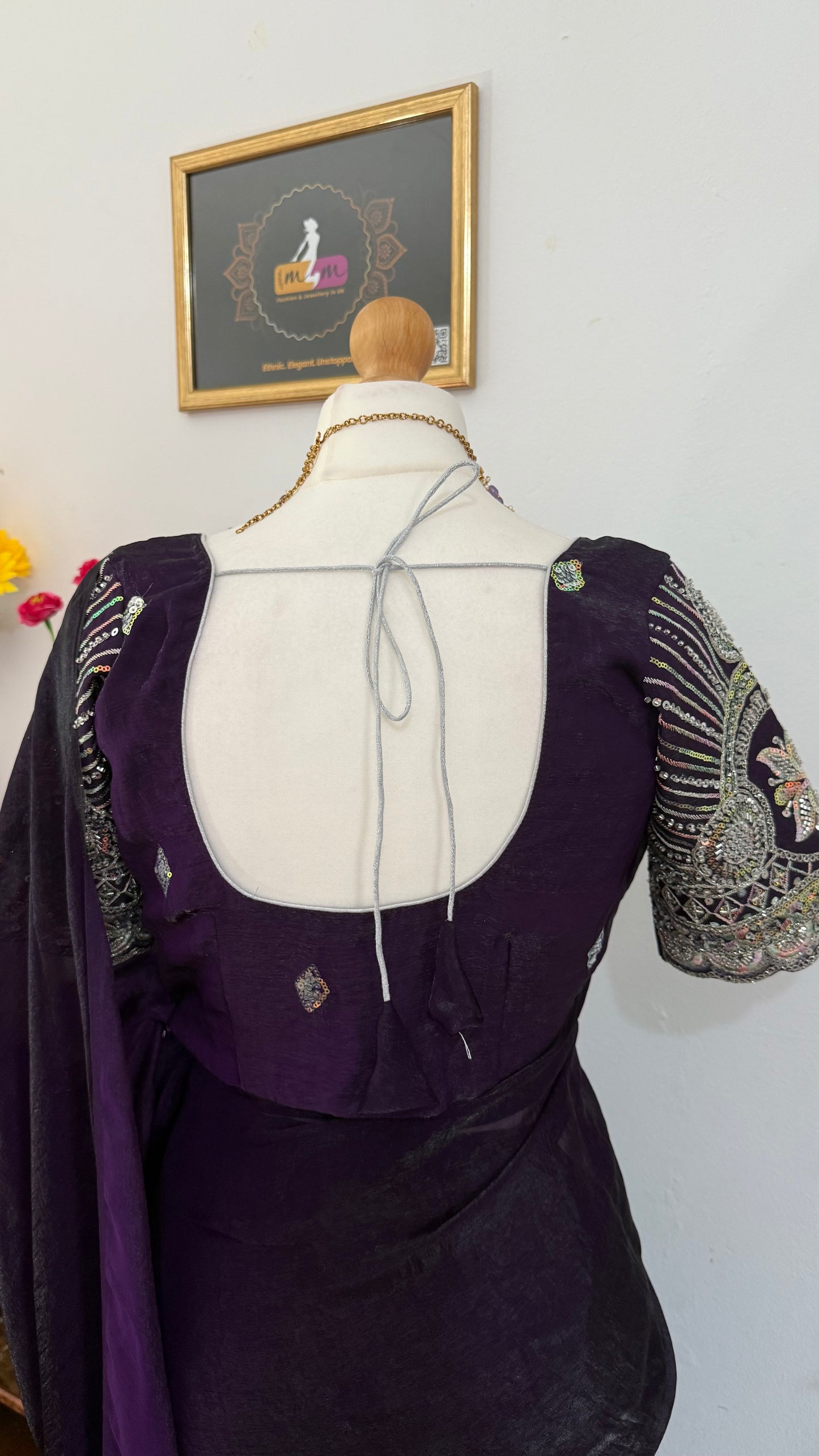 Plain Space Silk Saree with Hand Work Designer stitched Blouse-Wine