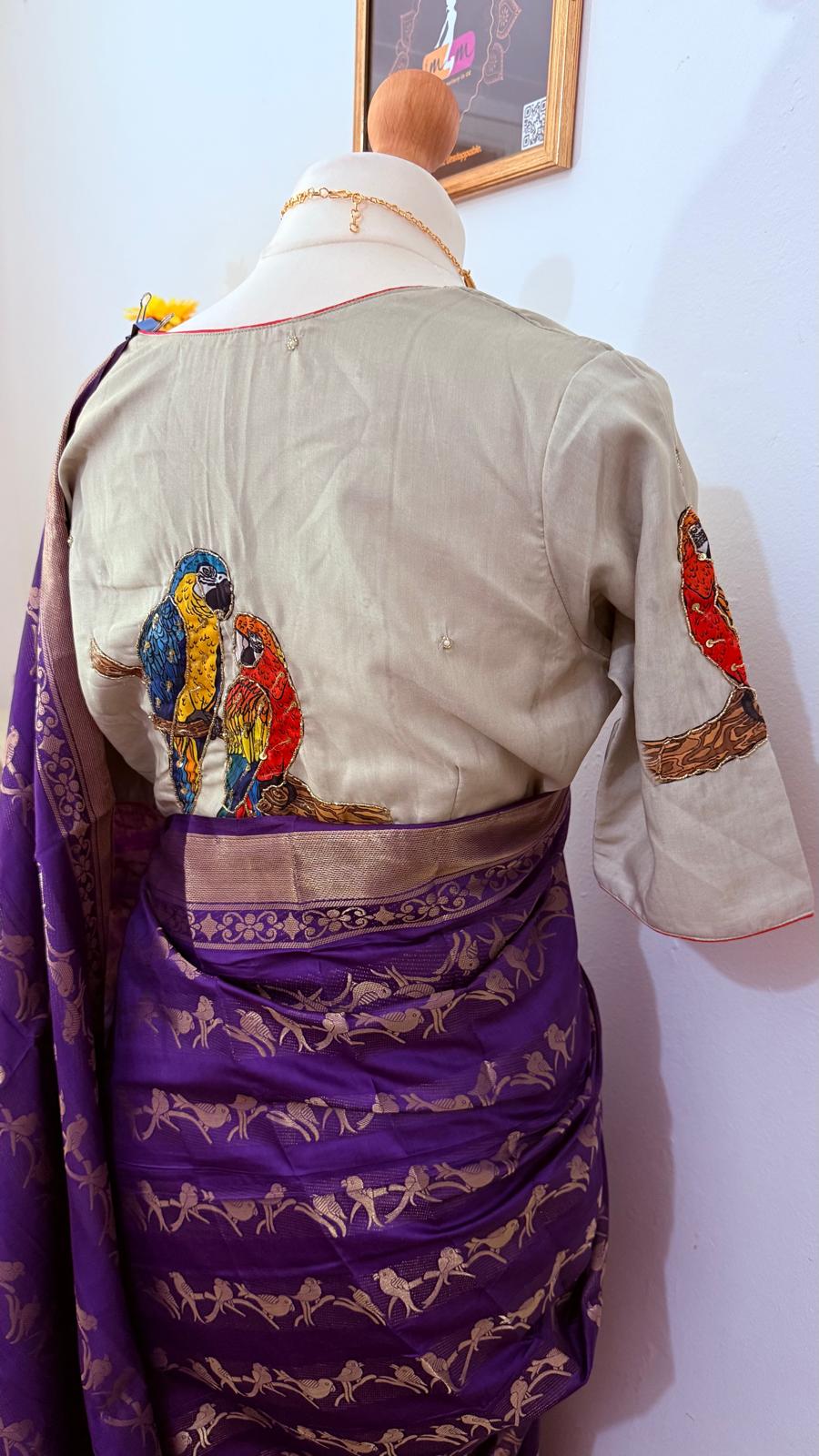 Kanchi Banarasi Saree with Contract Stitched Blouse Bird Detailing