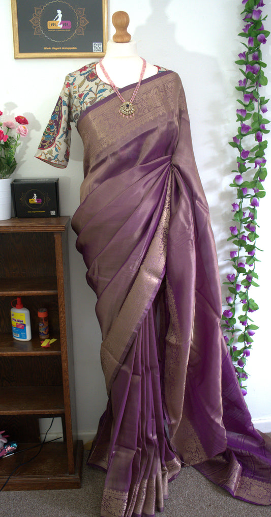 Gold Tissue Silk zari weaving Saree Combo-stitched blouse & matchings- Purple