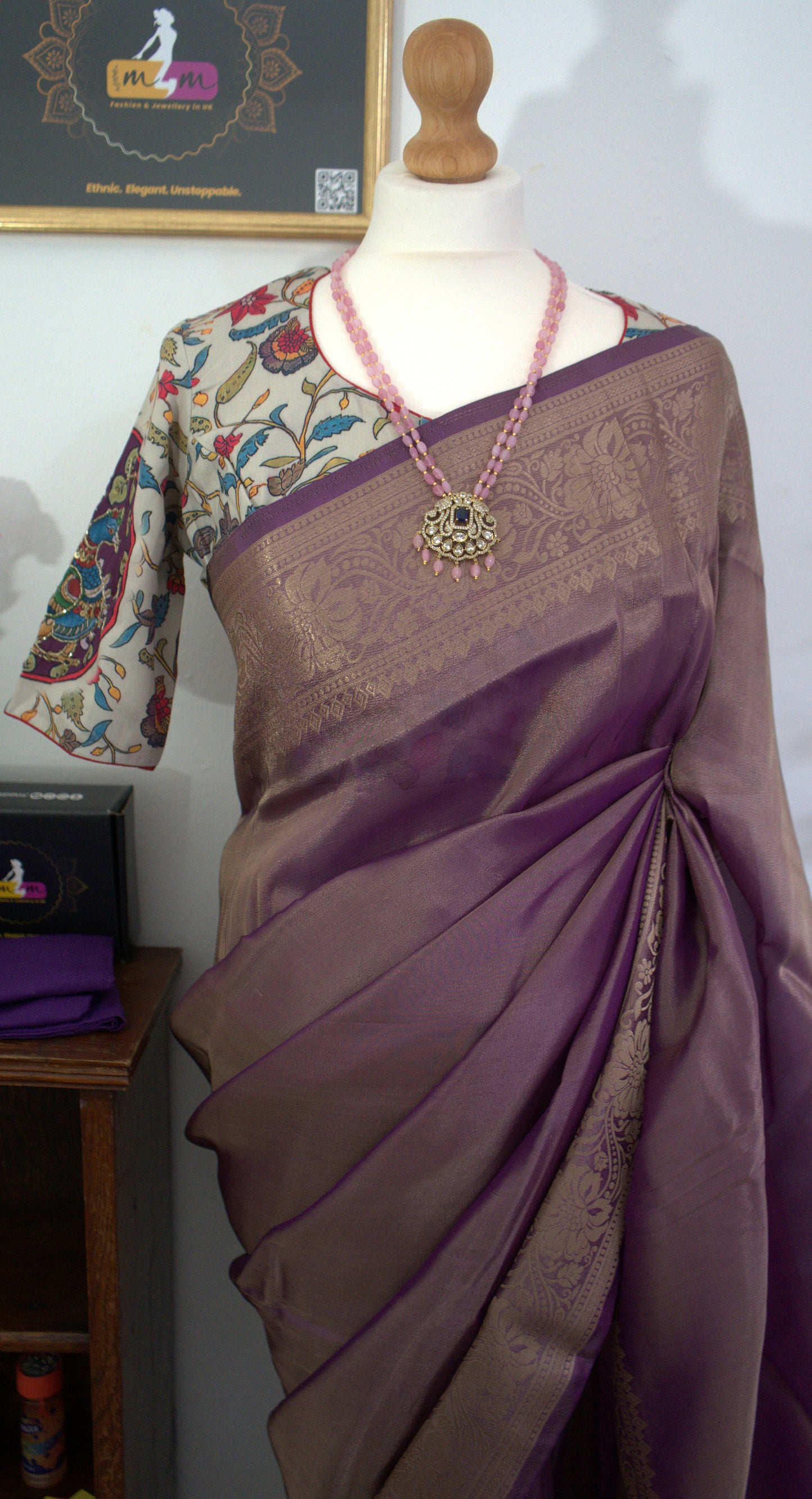 Gold Tissue Silk zari weaving Saree Combo-stitched blouse & matchings- Purple