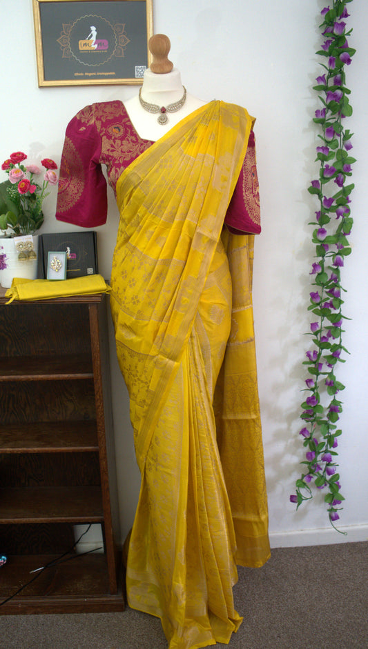 Banarasi Weaving Silk Saree Combo- stitched blouse & matchings - Yellow & Pink