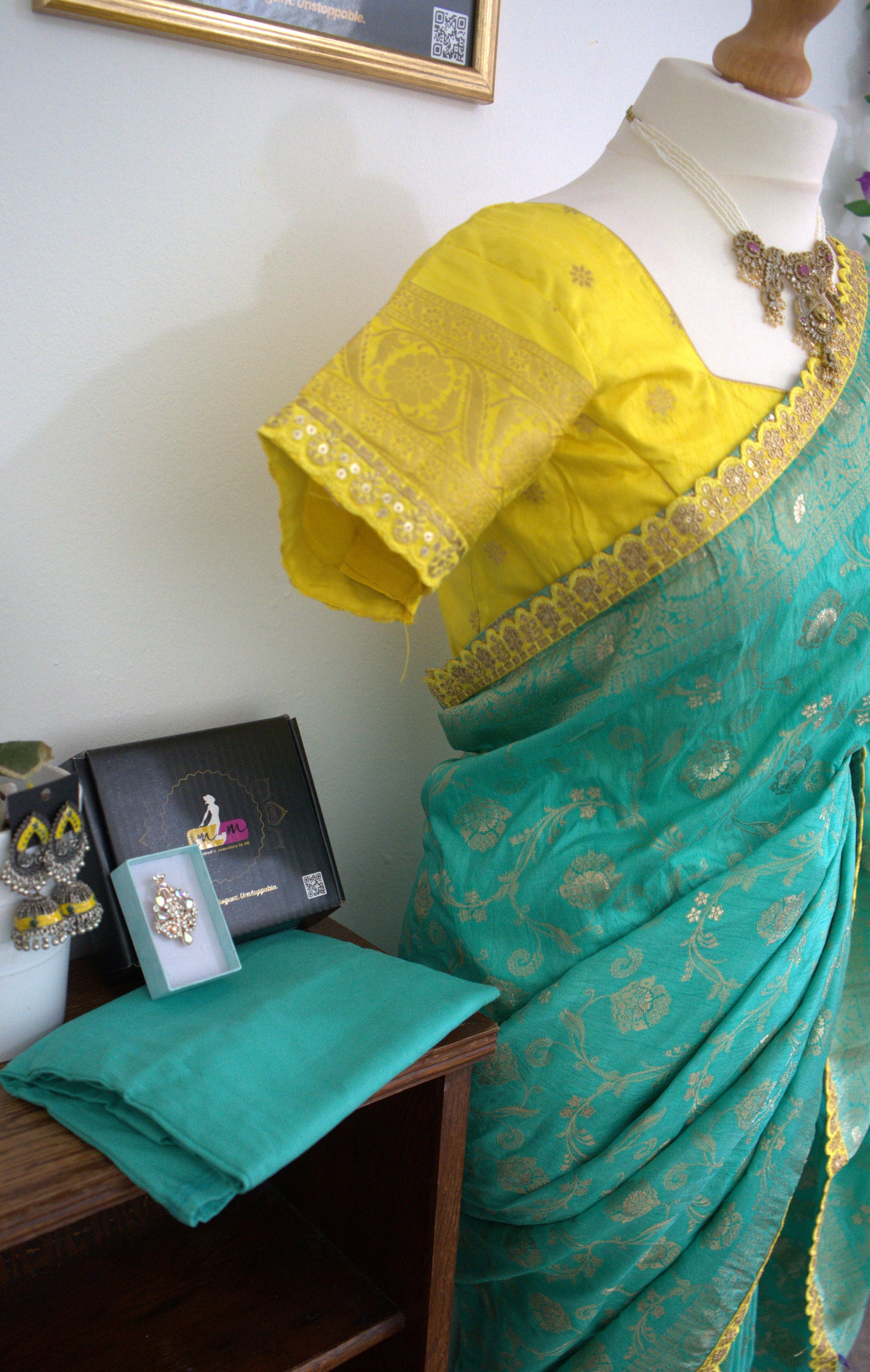 Banarasi Dola Silk Saree with Contrast Scallop Border with Stitched Blouse-Green & Yellow