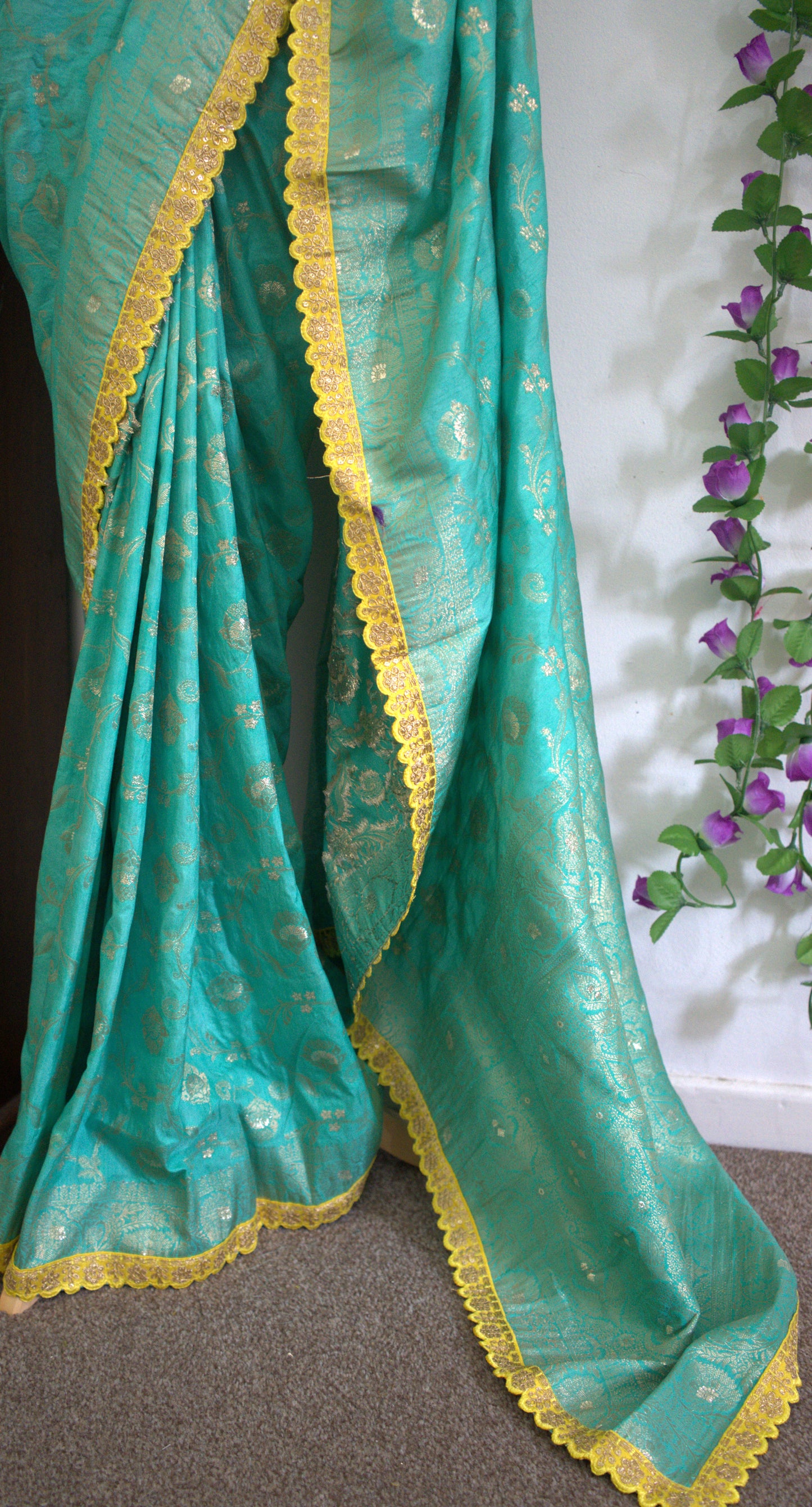 Banarasi Dola Silk Saree with Contrast Scallop Border with Stitched Blouse-Green & Yellow