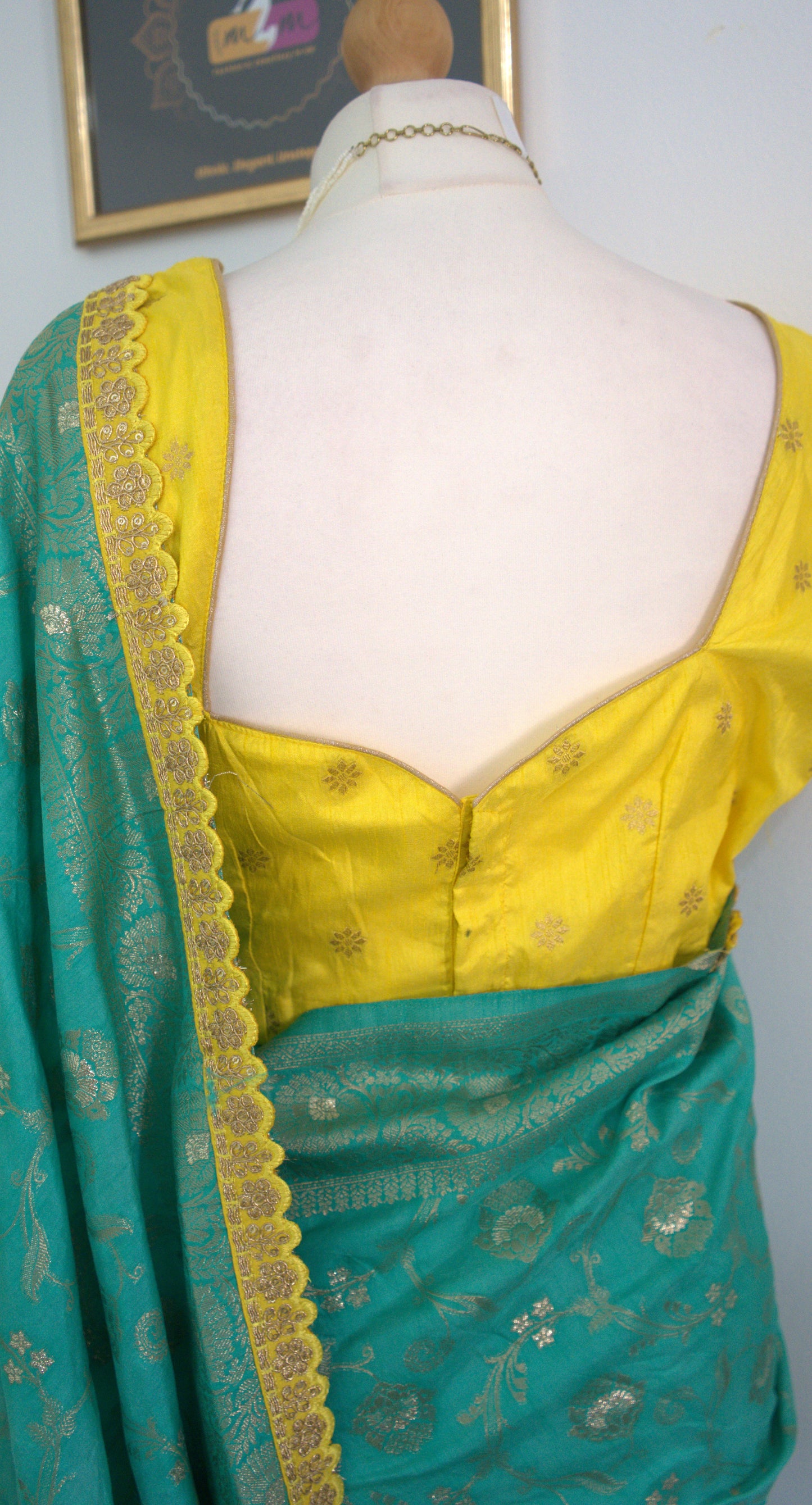 Banarasi Dola Silk Saree with Contrast Scallop Border with Stitched Blouse-Green & Yellow