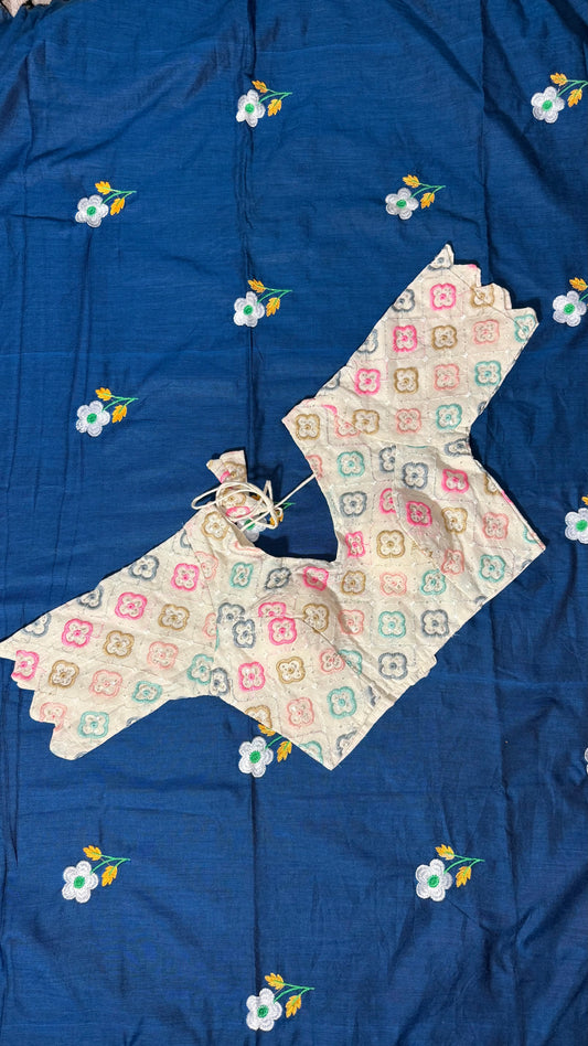 Flower Embroidery Kadhi Cotton Saree Combo -Saree with Matching Blouse