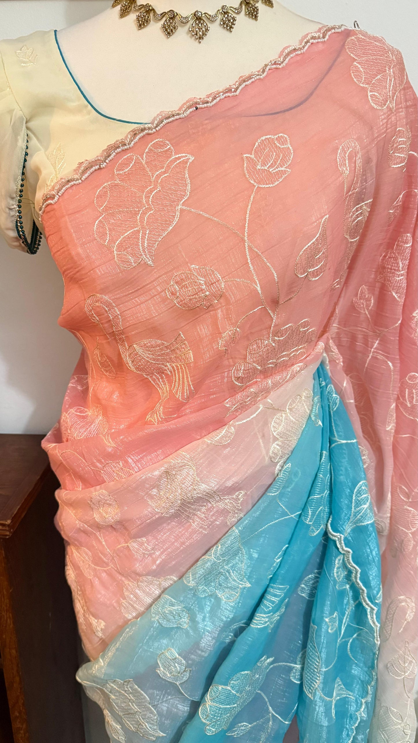 Designer Dual shade embroidery saree combo with Stitched Blouse