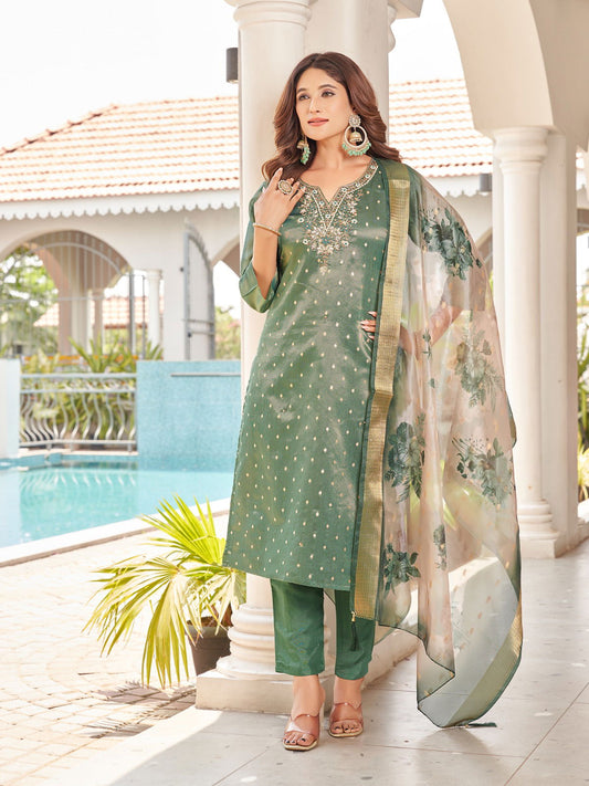 Designer Party Wear 3 piece set - Kurti, bottom and dupatta -Green