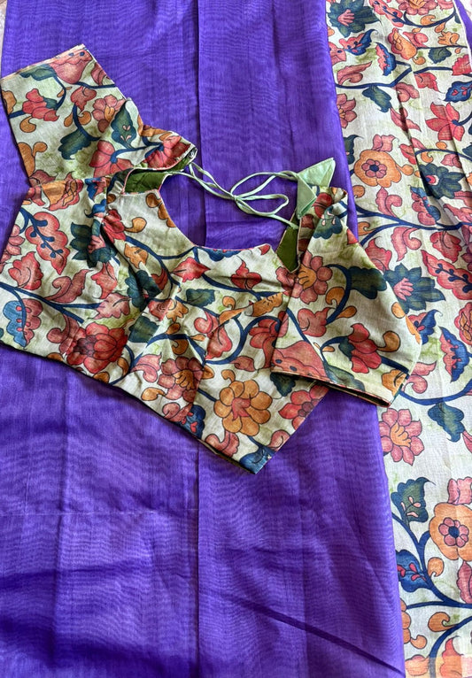 Plain Chanderi Cotton Saree with Kalamkari Print Pallu & Stitched Blouse