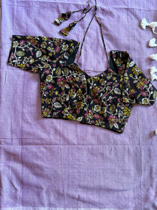 Plain Kadhi Cotton Sarees Collection- Contrast Kalamkari Print Cotton Stitched Blouse