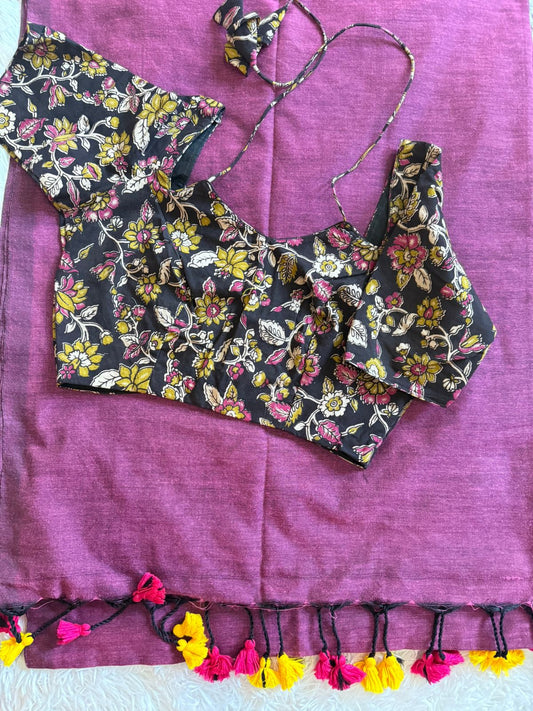 Plain Kadhi Cotton Sarees Collection- Contrast Kalamkari Print Cotton Stitched Blouse