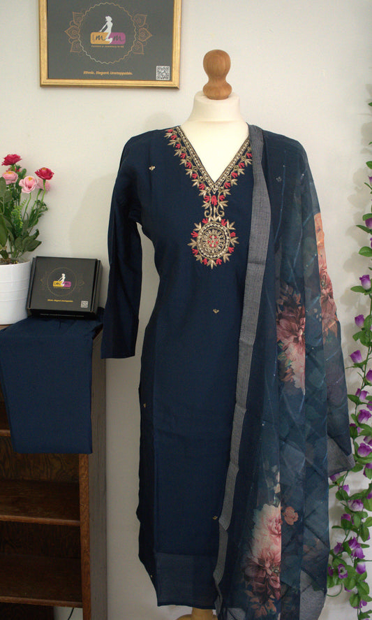 Semi Party Wear 3 piece set - Kurti, bottom and dupatta - Navi Blue